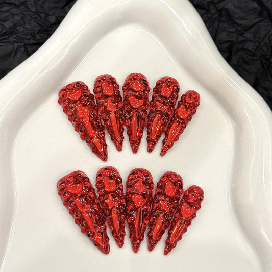 MNAFAYY Luxury Gems 100% Handmade Nails Long Stiletto Press On Nails Full Cover 3D Rhinestone Crystal Gorgeous Reusable UV Finished Fake False Nails Acrylic Nail Kit With Box Gift for Women Red M