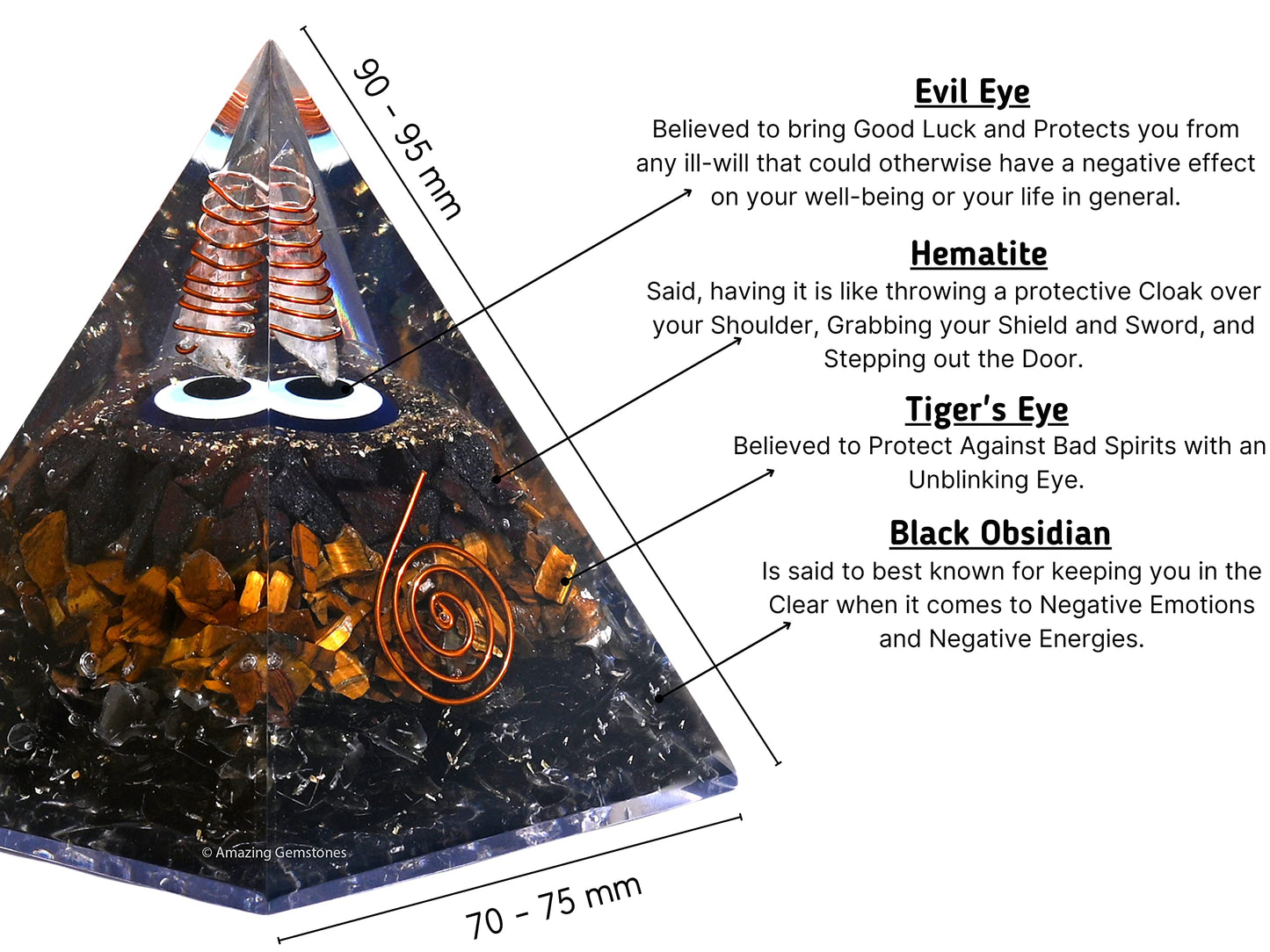 Amazing Gemstone Organite Orgone Pyramid Extra Large 95MM - Orgone Energy Pyramid with Evil Eye, Hematite, Tiger Eye,Black Obsidian Crystals&Healing Stone - Orgonite Pyramids Crystals&Positive Energy