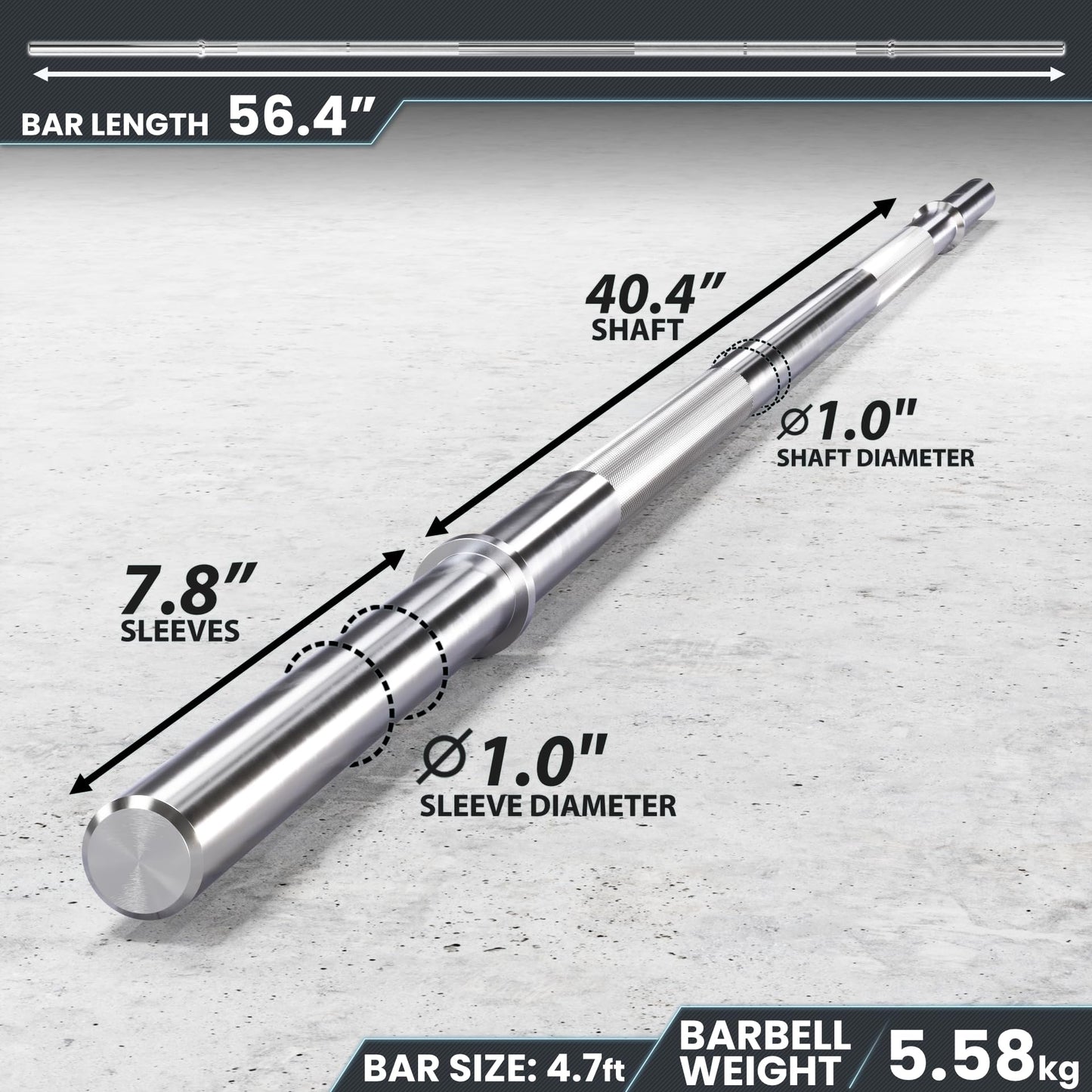 Synergee 1" Olympic Barbell Standard Weightlifting Barbell. 4.7'-foot Bar Weighing 5.58 KG/12.3 LB. Compatible with 1”-Opening Plates."