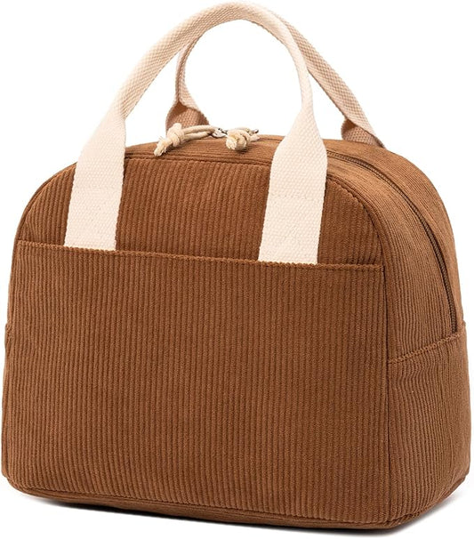 LOVELYWIND Insulated Brown Sugar Lunch Bag for Women, Stylish Corduroy Tote with Aluminum Lining, Large Capacity Reusable Cooler for Work, Travel, or Beach, Beige Cream Water-Resistant Lunch Box