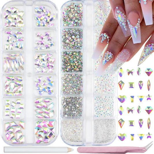 SEMATA Flatback Nail Art Rhinestones Charms Transparent AB Crystal Nail Gems Rhinestones Diamonds Multi Shapes Nails Stone Mixed Size Nails Art Charms Accessories Decoration Design for Women
