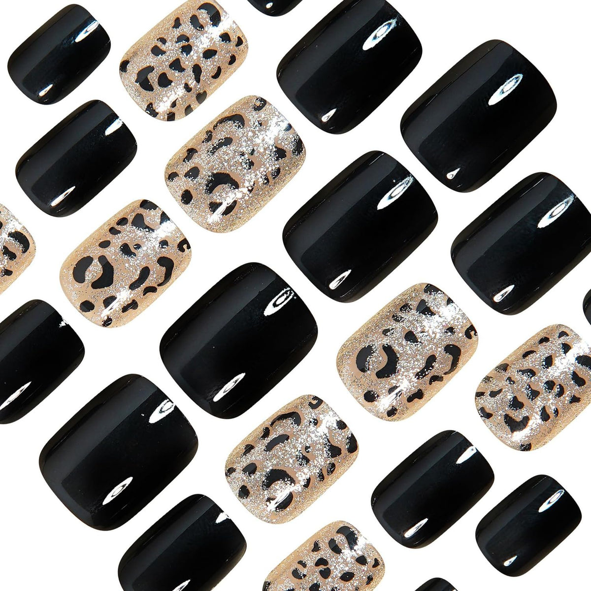 Obsidian Press on Nails Short Square CEWEWP Fake Nails Winter False Nail with Gold Glitter Black Leopard Print Designs Glossy Glue on Nail Full Cover Acrylic Nails for Women Girls 24Pcs
