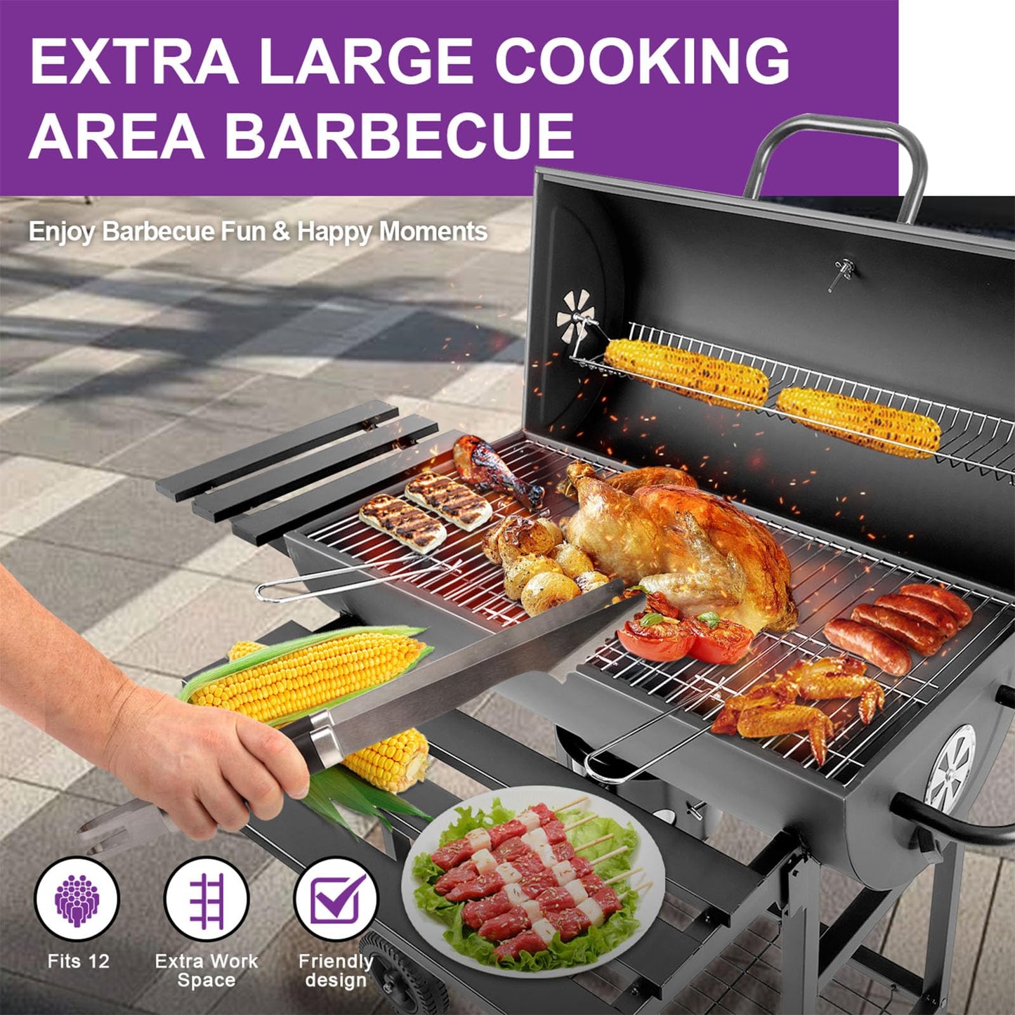 HALNYHYFD Charcoal BBQ Grill with Thermometer & Foldable Side Table, 565 sq in Cooking Space Large Charcoal Grills, Barrel Charcoal Grills for Backyards Picnic Cookouts