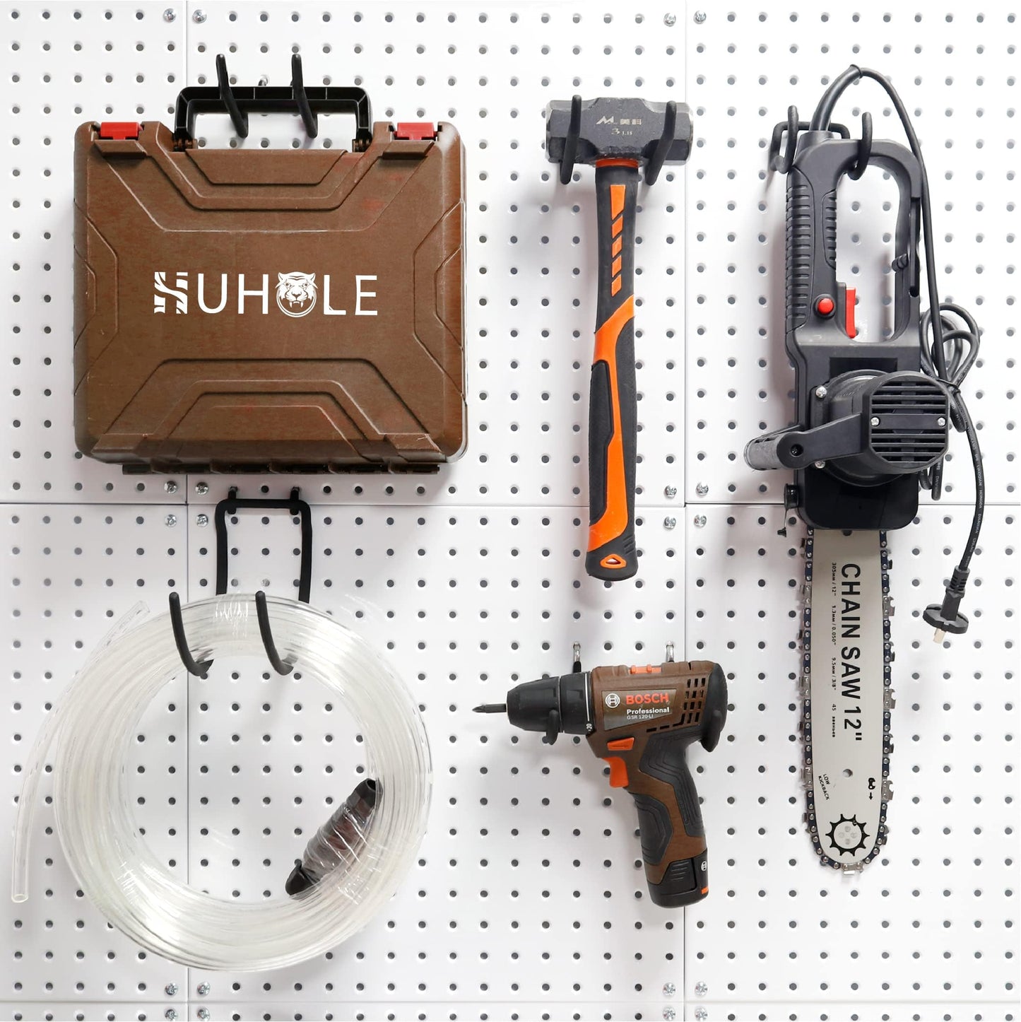 HUHOLE 10-Pack Heavy Duty Pegboard Hooks for Power Tools & Garage Organization, Vinyl-Coated Steel Drill Holders & Utility Hangers, Fits Standard 1/4" Pegboards"