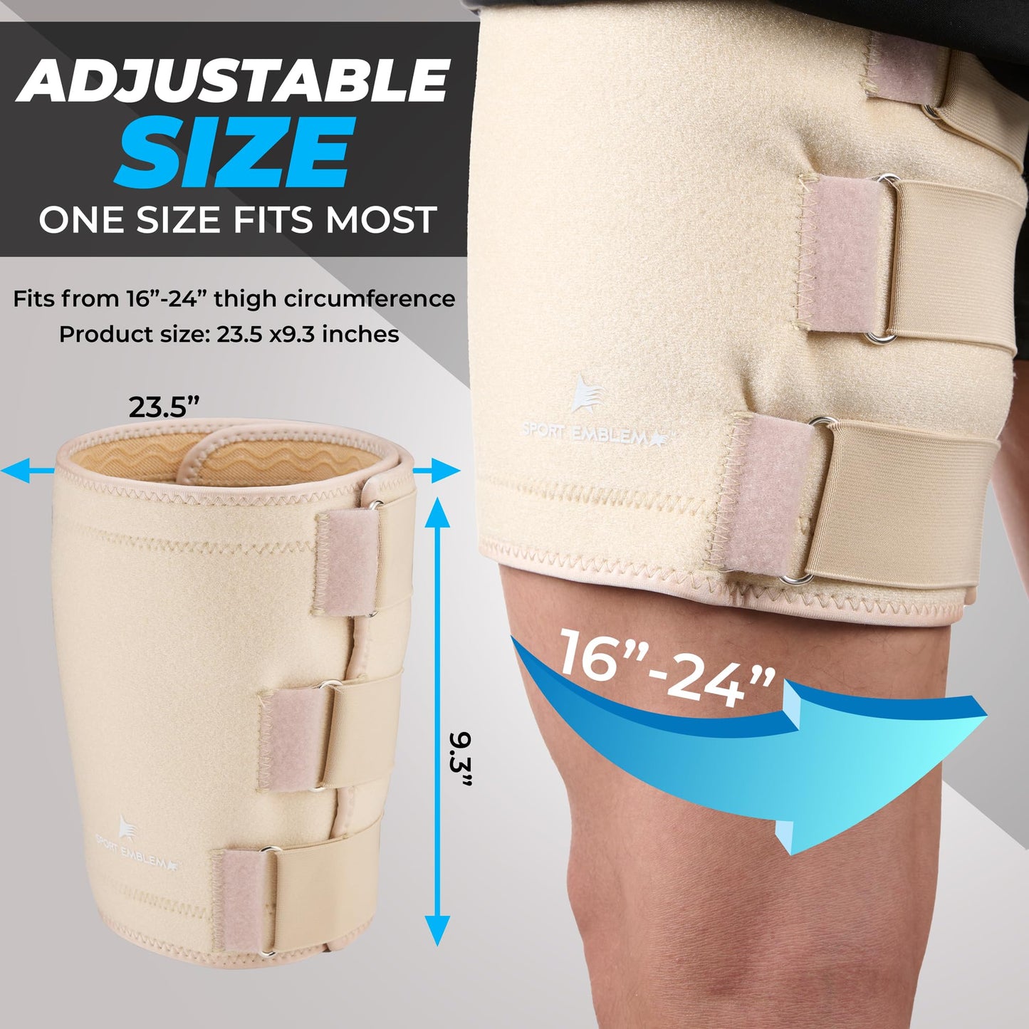 SportEmblema 2026 Upgraded Thigh Compression Sleeve for Men & Women, Sturdier Non-Slip Hamstring Compression Wrap for Quad & Leg Support, Hook and Loop Thigh Brace for Pulled Muscle, Fits 16"-24""-Skin"