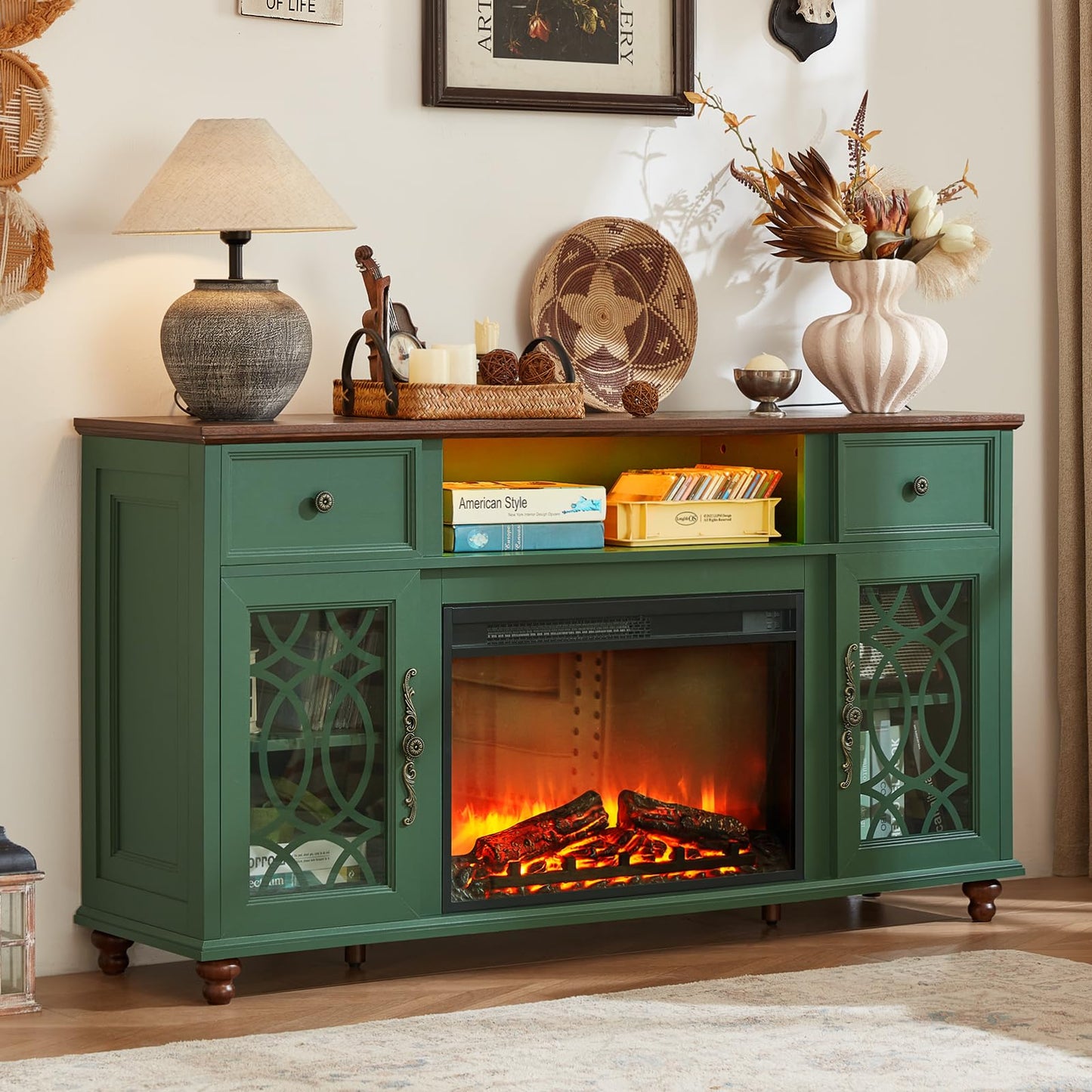 Joaxswe Farmhouse Fireplace TV Stand, 59" Entertainment Center with Electric Fireplace & LED Lights for TVs up to 65'', Glass Door Fire Place TV Stands for Living Room, Media Console w/Drawers,Green