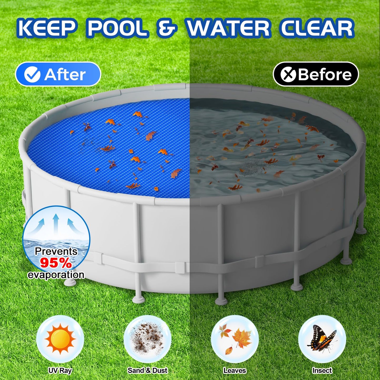 Evoio Solar Pool Cover 15 ft Round for Above Ground Inground Pools Bubble Wrap Covers for Hot Tub Spa Thermal Heating, 12 Mil Circle Blue Floating Blanket for 6-24 Foot Feet Diameter Swimming Pools