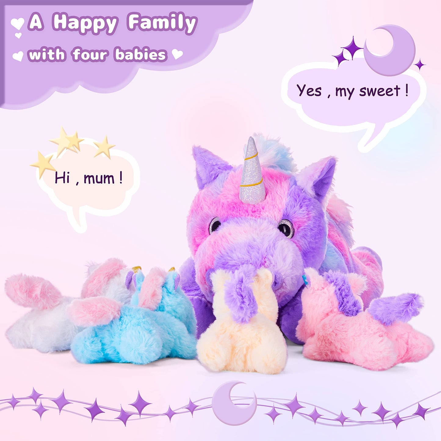 IKASA Mommy Unicorn Toys for Girls Age 4-6,Mom and Baby Stuffed Animal Plush Toy,Small Family Set Toy with Little Babies,Gifts for Kid (Unicorn,18")