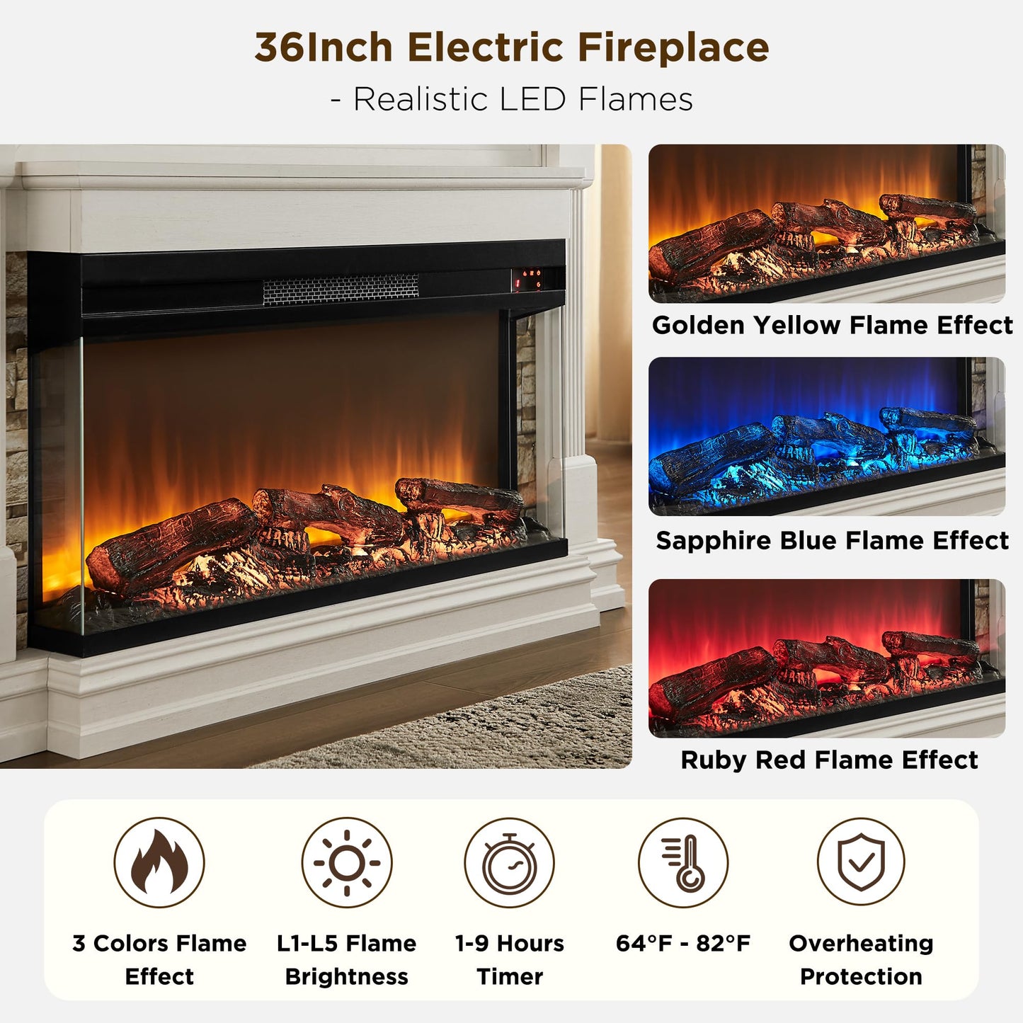 OKD 52 Inch Electric Fireplace with Mantel, Fireplace TV Stand with 36" 3-Sided Glass Electric Fireplace Heater for Living Room (Antique White)