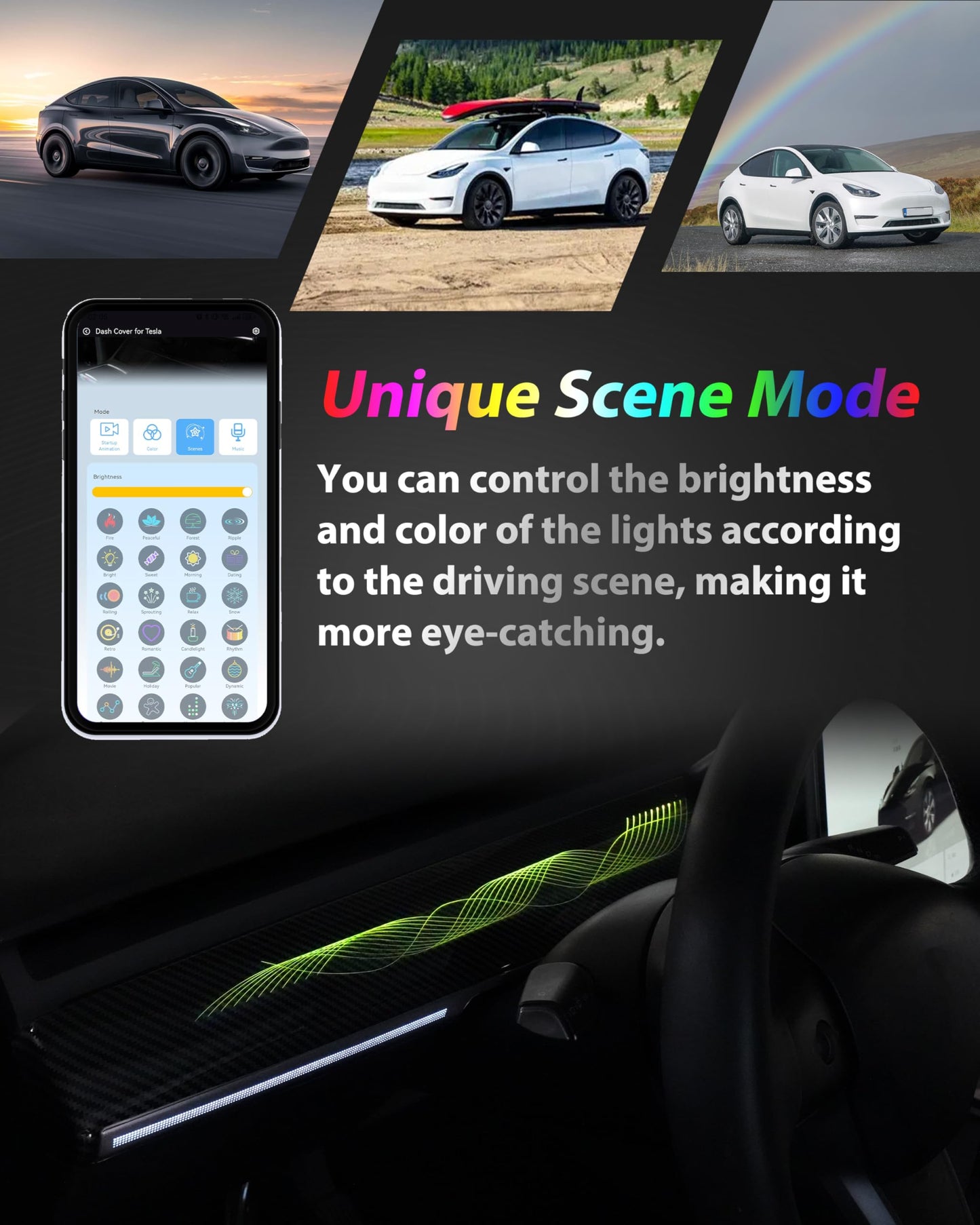 KEWISAUTO RGB Ambient Light for Tesla Model 3 & Model Y, LED Center Console Dashboard Neon Light with Storage Box for 2019-2022 Tesla Model 3/2021-2024 Model Y Accessories (Ribbon Flowing Style)