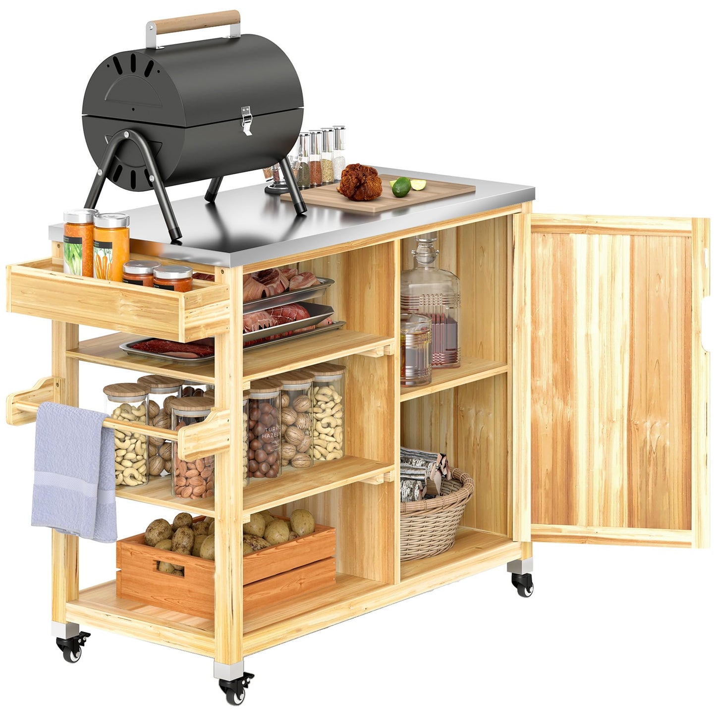 Outsunny Outdoor Grill Cart with Wheels and Storage Cabinet, Solid Wood Outdoor Kitchen Island with Stainless Steel Top, Movable Bar Cart for BBQ and Camping, Spice Rack and Towel Holder, Natural Wood