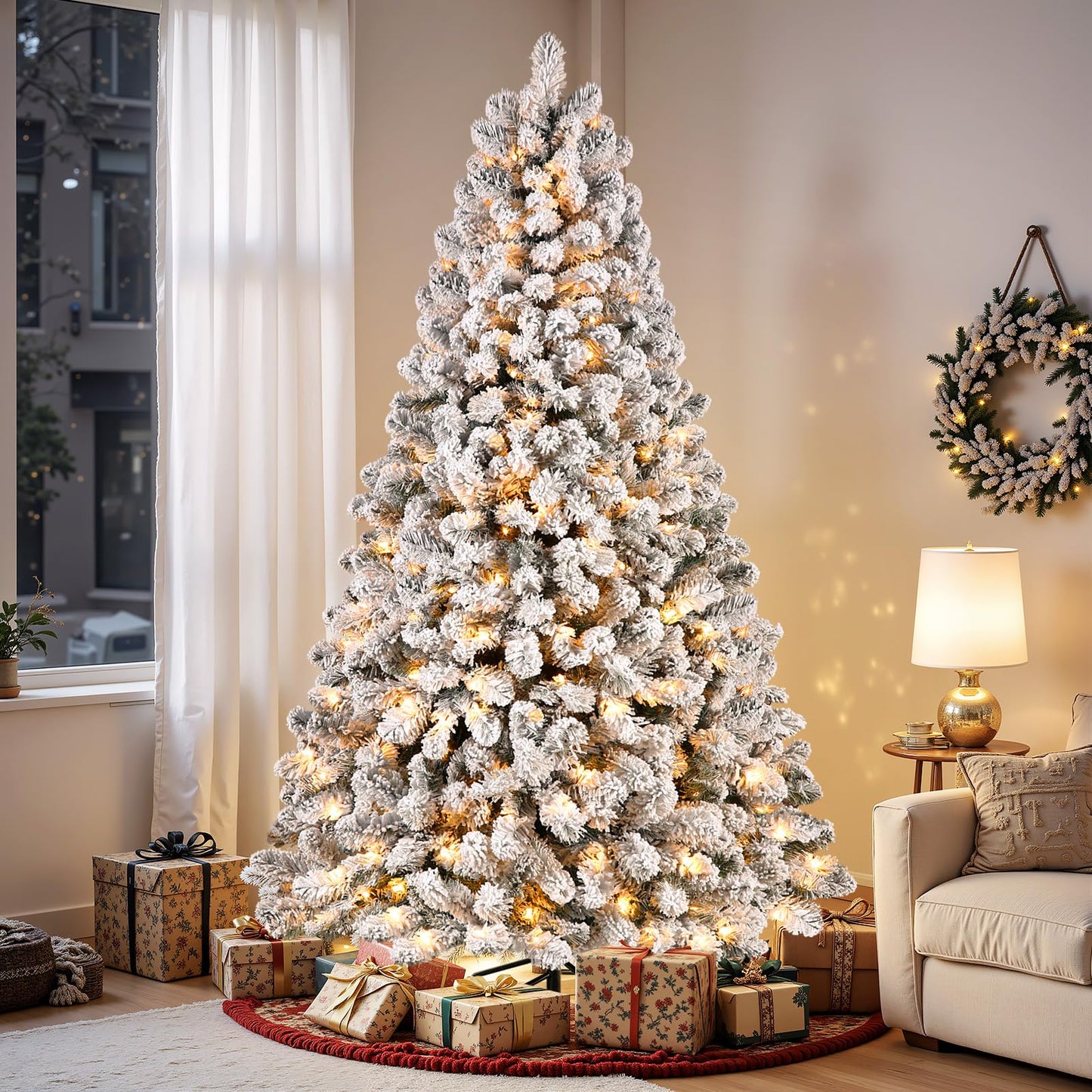 SHareconn 7.5ft Prelit Snow Flocked Spruce Artificial Christmas Tree with 350 Incandescent Warm White Lights, Foldable Stand, Snow Flocked Full Prelighted Xmas Tree W/1170 Branch Tips, 7.5 FT, White