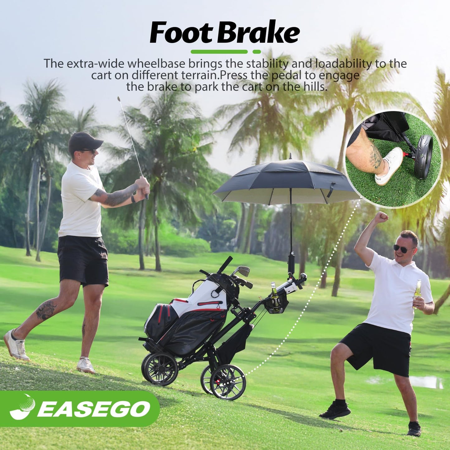 EASEGO Golf Push Cart 4 Wheel : Golf Walking Carts with Phone Holder/Cup Holder/Umbrella Holder/Foot Brake/Cooler Basket 4 Wheel Superlite Golf Pull Cart All-Terrain Golf Caddy Carts(Lime Green)