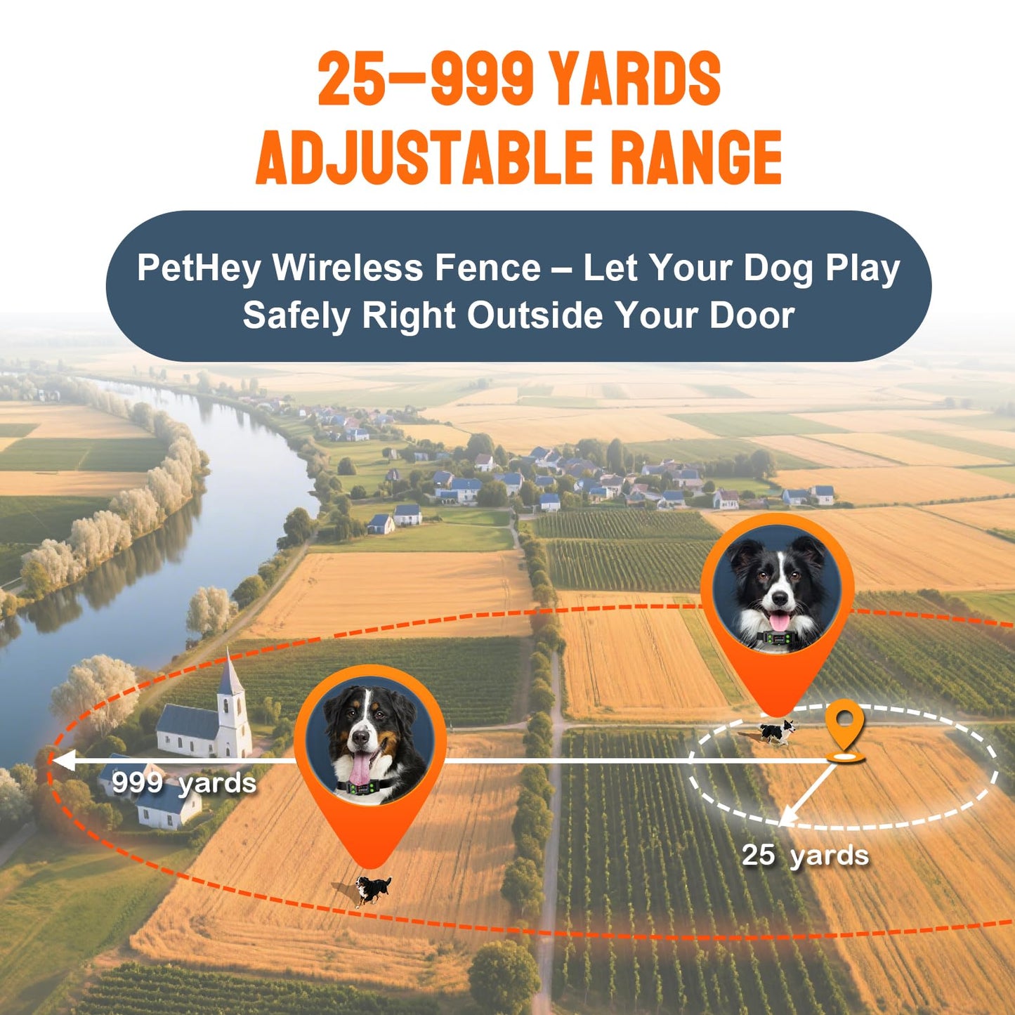 GPS Wireless Dog Fence for Easy Outdoor Use, Electric Dog Fence with Automatic Training Mode, No Setup Needed, 25-999yd Range, IPX7 Waterproof Lightweight Nylon Collar for Dogs