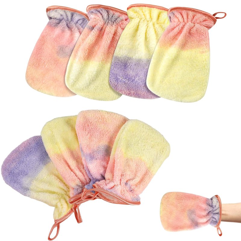 PHOGARY 8 Pack Microfiber Wash Mitts for Face Body, Soft Face Shower Bath Mitts Coral Fleece Washcloths, Reusable Makeup Remover Mitt, European Style Wash Cloth with Hanging Loop, Tie Dye, 7.8X 5.1in