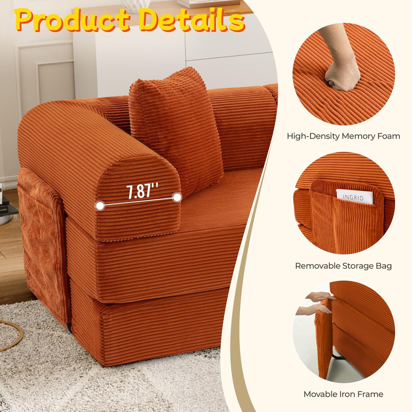 Topcomfy 106.3" L Shape Convertible Sleeper Sofa Bed, Oversized Modular Sectional Cloud Sofa with Fixed-Shape Frame & Storage Pocket, Boneless Couch for Living Room, No Assembly Required, Orange
