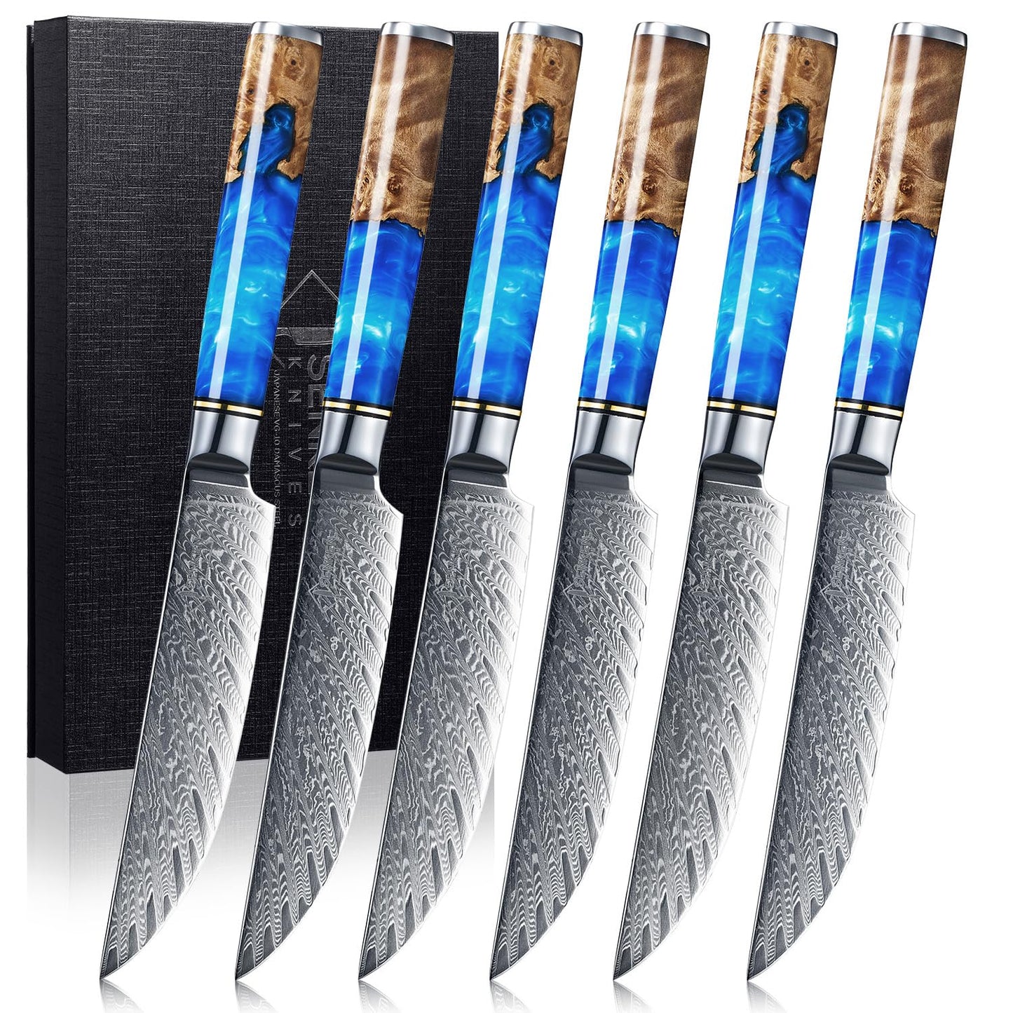 SENKEN Damascus Steak Knife Set - Tsunami Collection - 67-Layer Japanese VG10 Steel - Razor Sharp Non-Serrated Blades, Blue Resin & Natural Wood Pattern Handles, Luxury Gift Box (6 Steak Knife Set)