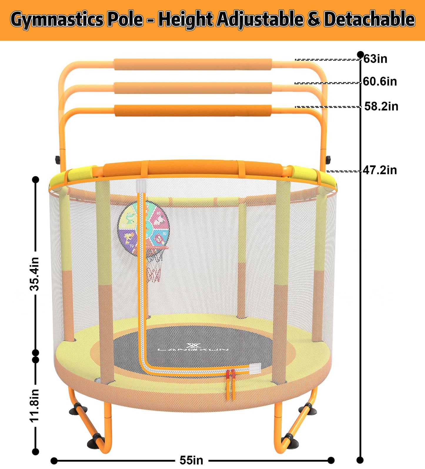 LANGXUN 60" Trampoline for Kids, 5ft Toddler Mini 6-in-1 Trampoline Indoor Outdoor with Swing, Basketball Hoop, Dart Board, Rings, Christmas Toys Birthday Gifts for Girls Boys