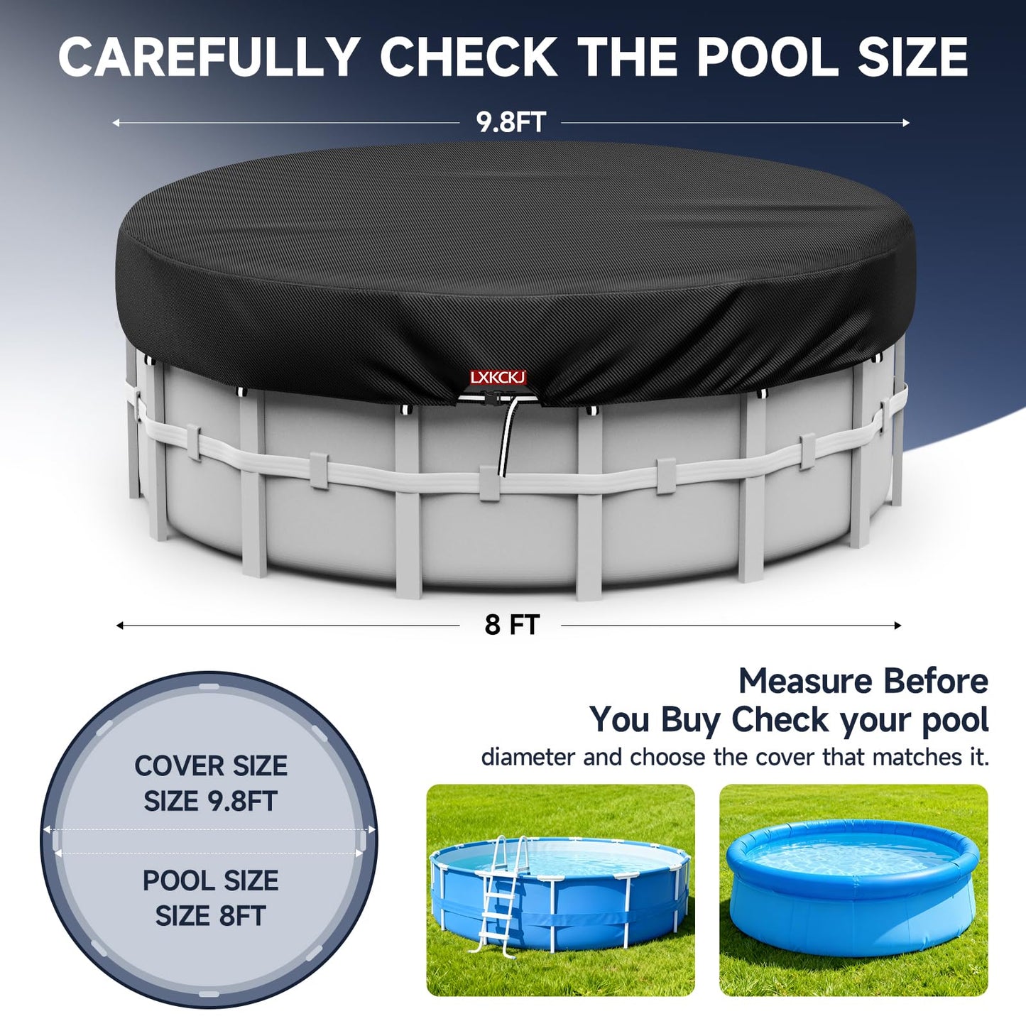 LXKCKJ 8 Ft Round Pool Cover, Solar Pool Covers for Above Ground Pools, Stock Tank Pool Covers Protector with Accessories, Round Hot Tub Cover Ideal for Waterproof and Dustproof (Black)