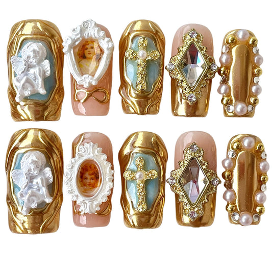 Handmade Press On Nails Luxury Baroque Gold Cross, Cherubs & Pearl Frames | Medium/Short Square | Reusable Thick Acrylic False Nails (Baroque, S)