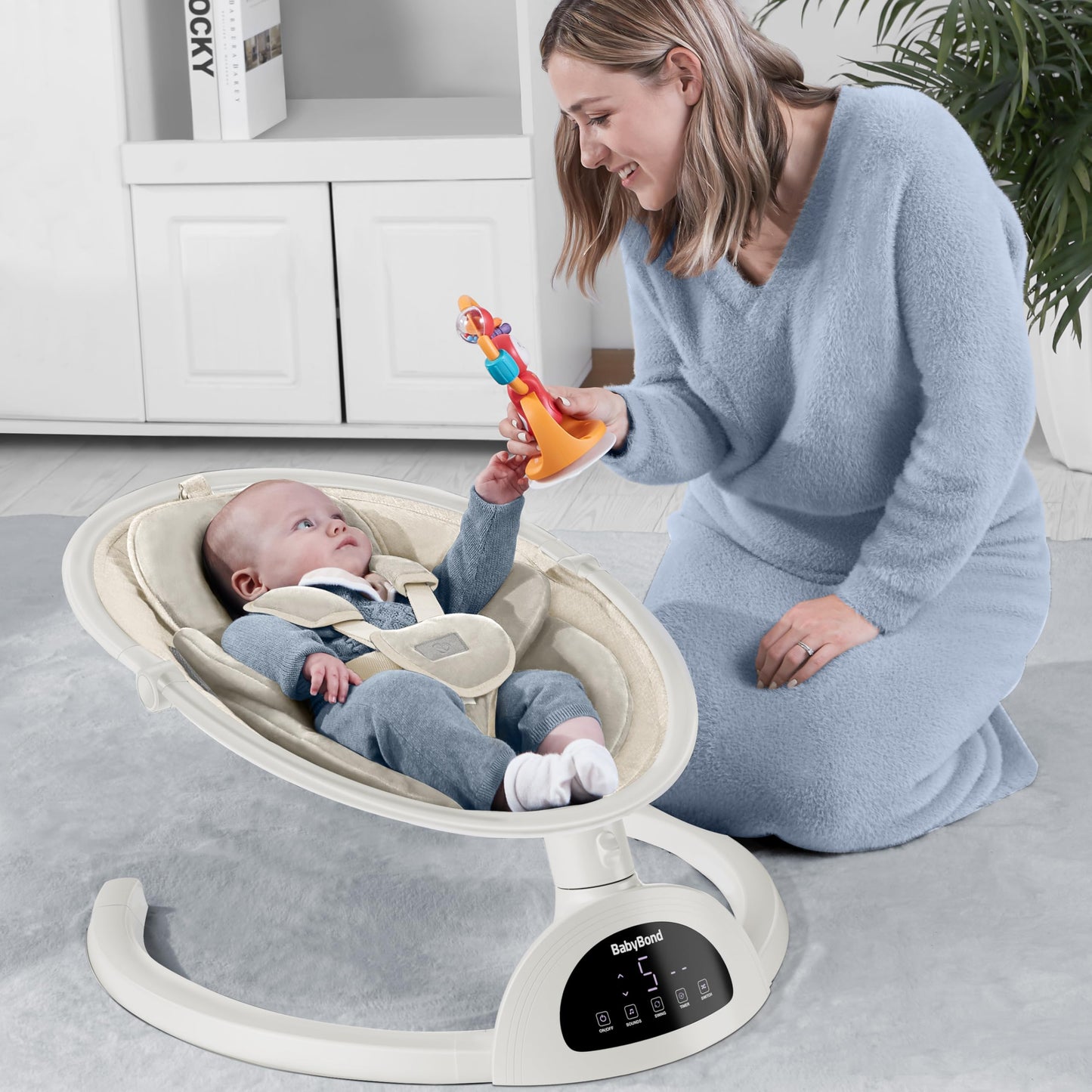 BabyBond Baby Swings for Infants, Bluetooth Infant Swing with Music Speaker, 3 Seat Positions, 5 Point Harness Belt, 5 Speeds and Remote Control - Portable Baby Swing for Indoor and Outdoor (Beige)