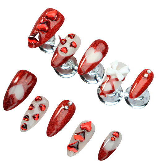 Almond Press on Nails Handmade Medium Long/Stiletto 3D Flower Fake Nail with Designs, Women Reusable False Nails (Glitter Red, S)