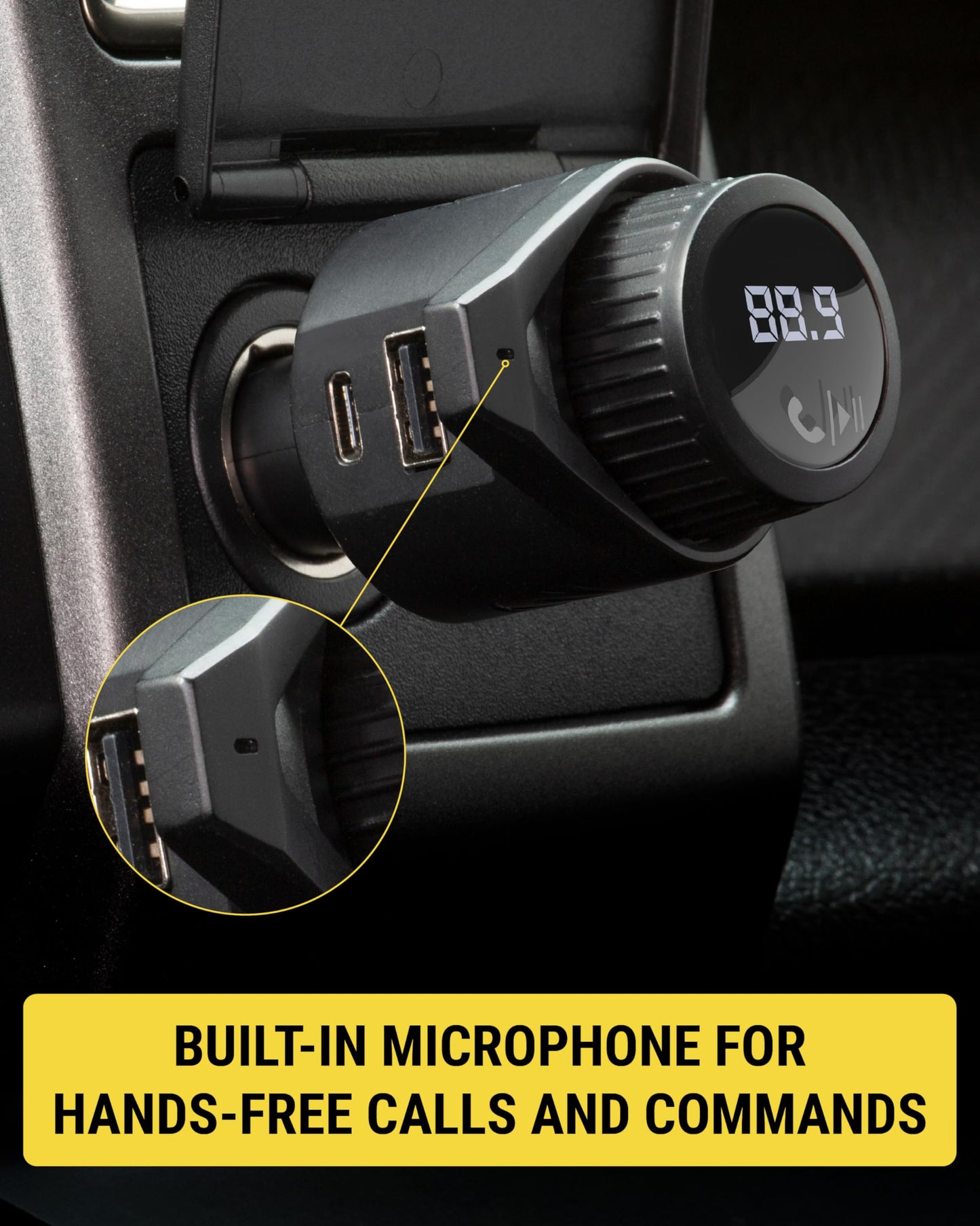 Scosche BTFM9 FM Bluetooth Transmitter Car, Dual 12W USB-C and USB-A Charging Ports, Fast Type C Car Charger, Wireless Radio Bluetooth Adapter, Hands-Free Kit for Calls, Siri and Google Assistant