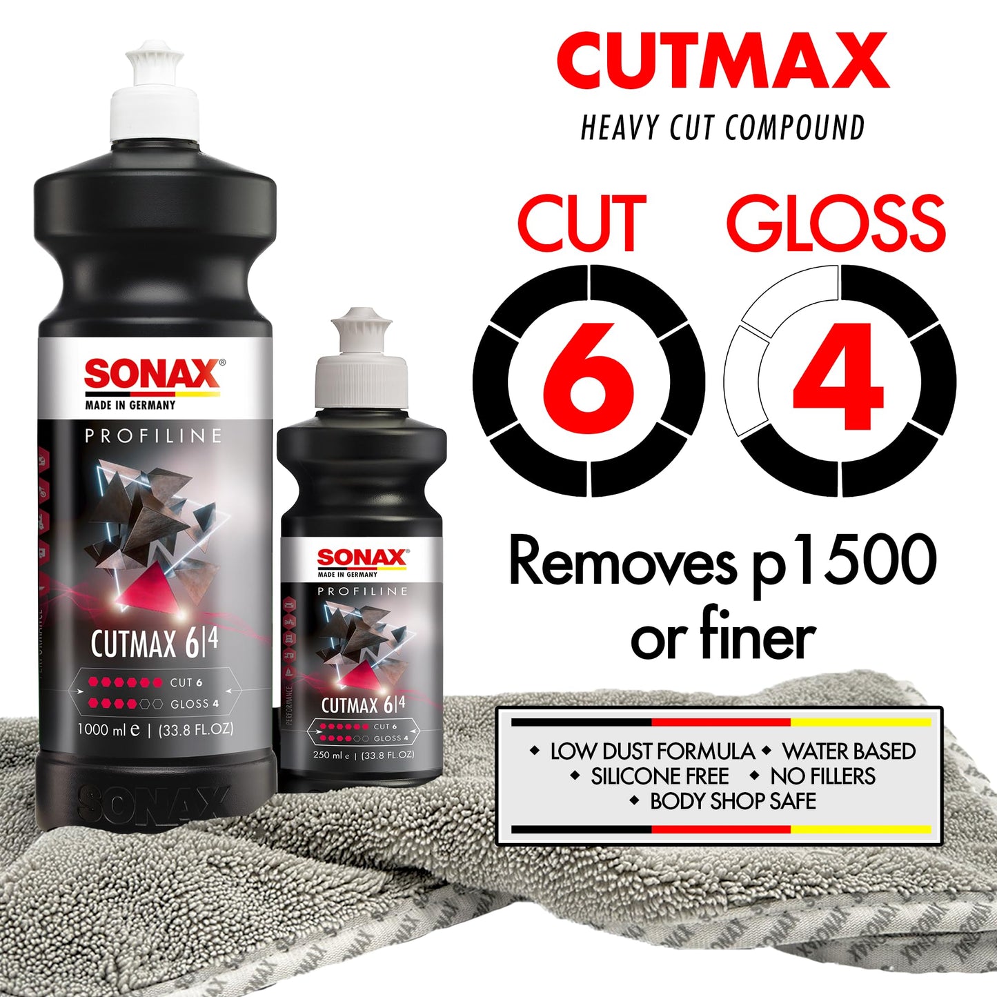 SONAX CutMax Cutting Compound | High-Abrasive Paint Correction Polish for P1500 Grit Sanding Marks | Silicone-Free, Dust-Free, and Odorless | Long Buffing Cycle for Severe Weathered Paint | 24650 | 5L