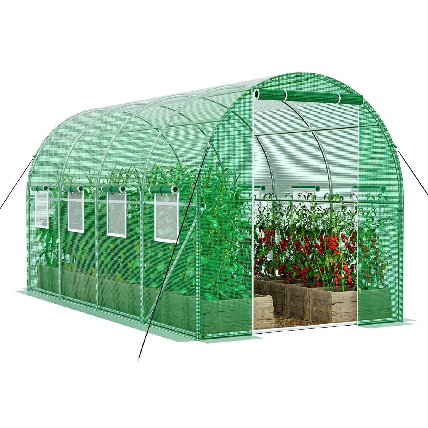 SPECILITE Walk-in Tunnel Greenhouse for Outdoors, 15×7×7 FT Heavy Duty Hoop House Kit with 8 Screen Windows, Thicken PE Cover & Galvanized Frame, Portable Large Green Houses for Outside, Winter, Green