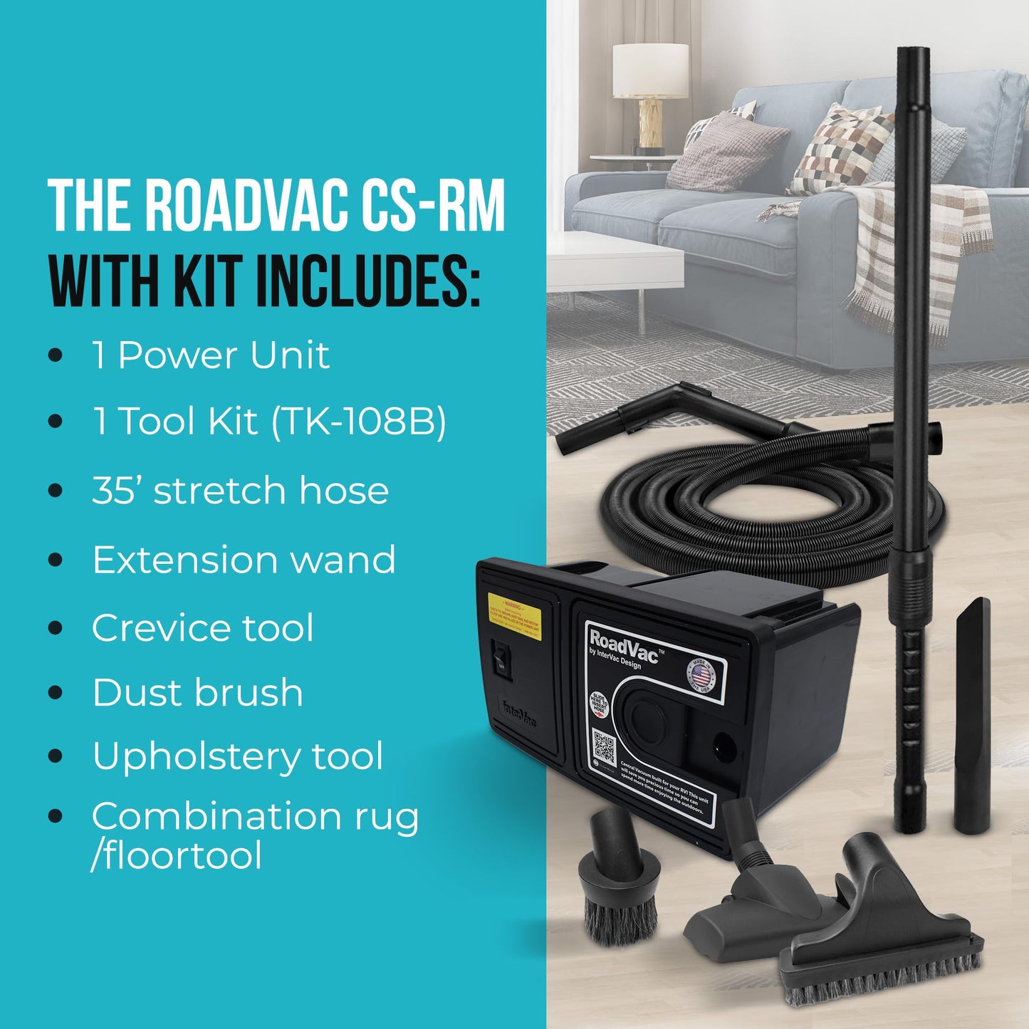 RoadVac Z1-CS-8-CORD RV Central Vacuum System | Wall-Mounted Built-in Vacuum for RVs, Boats & Tiny Homes | Compact Central Vacuum with 35′ Stretch Hose & Tool Kit