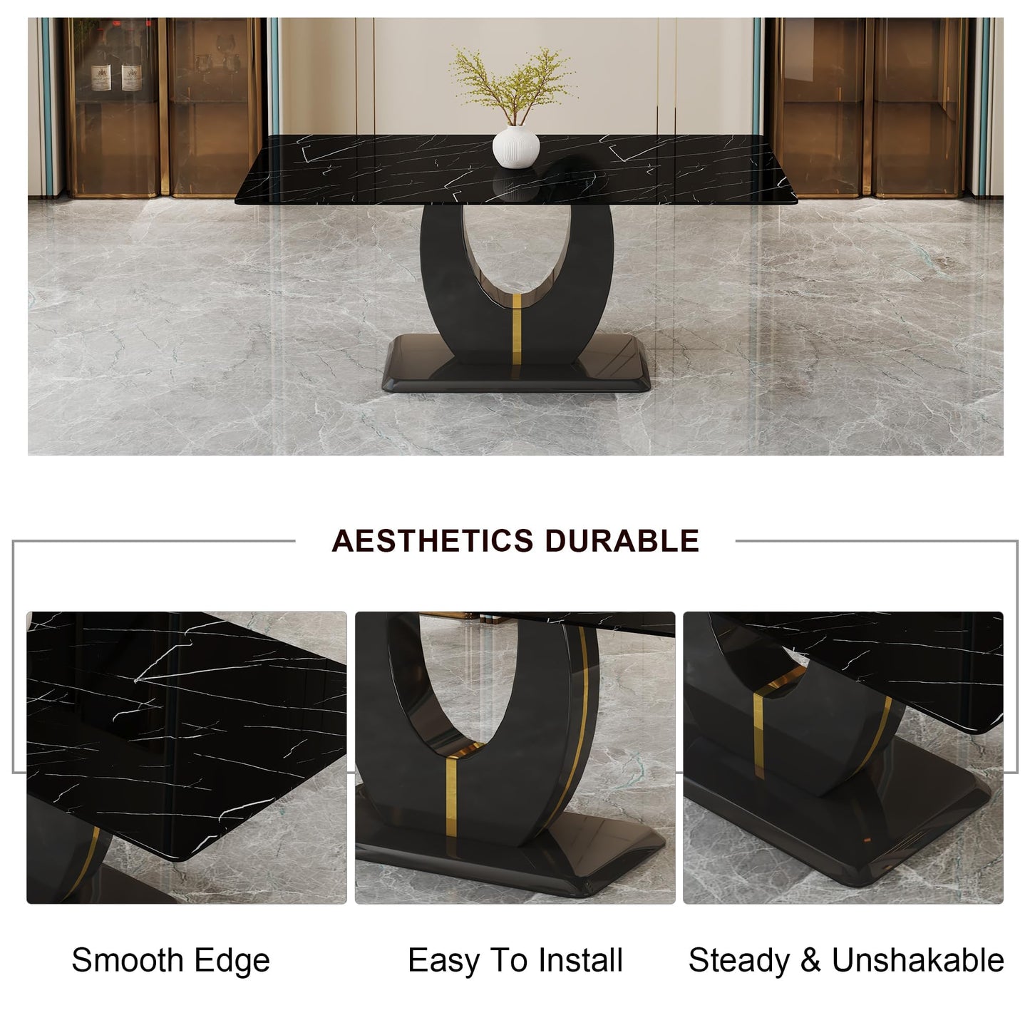 JUFU Dining Table Set for 8 with Chairs, 71'' Black Rectangular Marble Dining Room Table for 8 with 007 White and Gray PU Leather Chairs, Modern Dining Table for 8-10 eople, Ideal for Dining Room