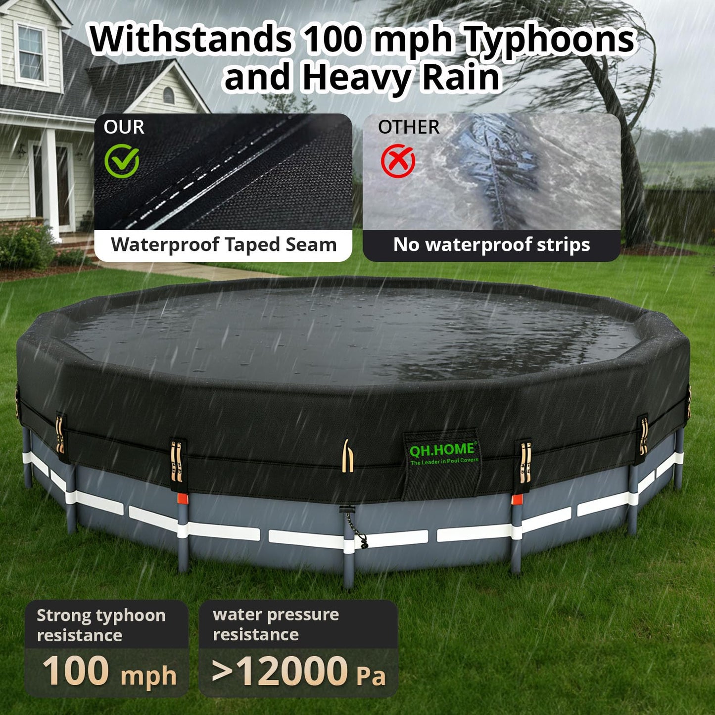 QH.HOME 550D 12 ft Pool Cover Round[Upgraded Tear Resistant & Quadruple Windproof] wth Pre-Installed Patented Winch and Rope, Pool Covers for Above Ground Pools-Snug Fit & Waterproof Protection