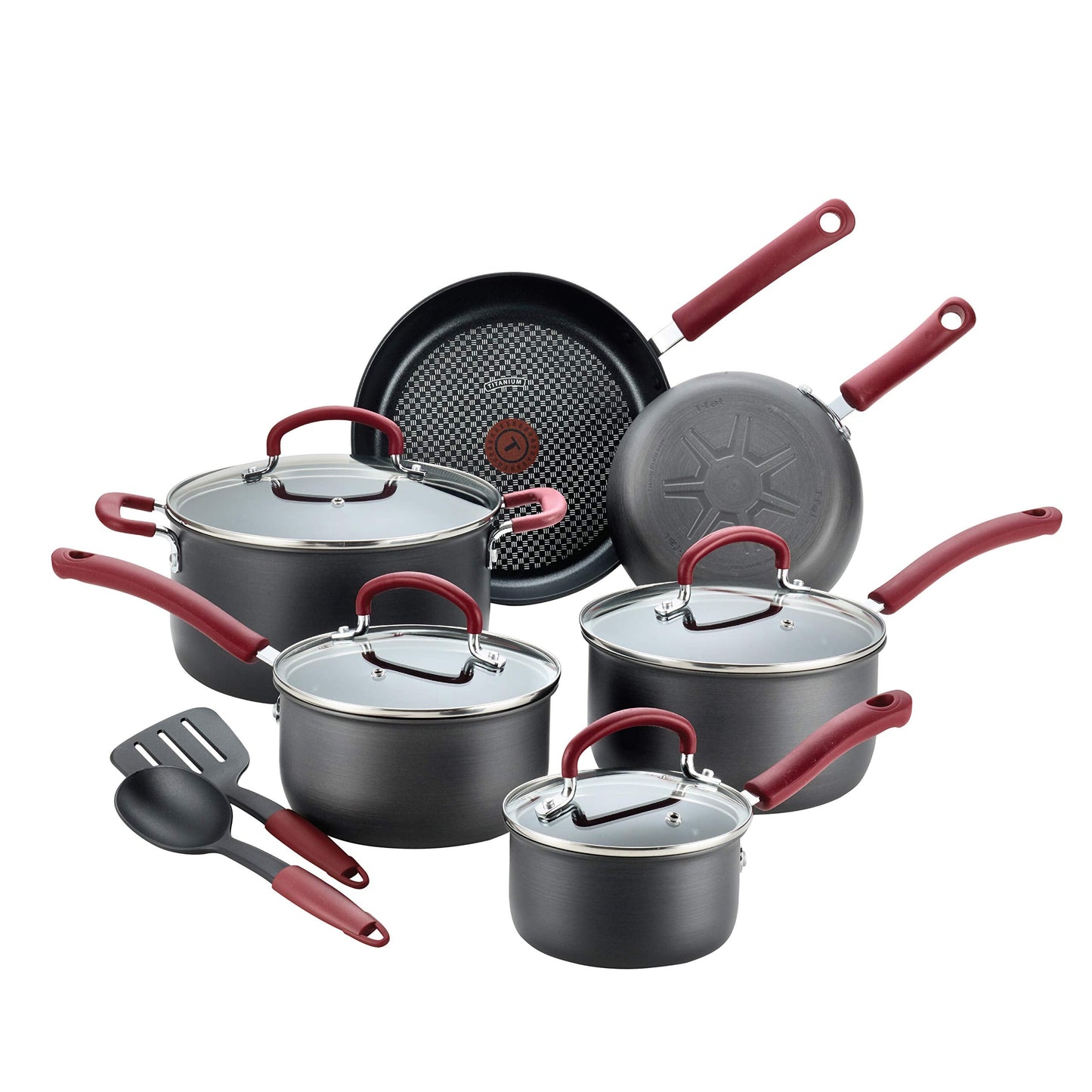 T-fal Ultimate Hard Anodized Nonstick Cookware Set 12 Piece, Oven Broiler Safe 600F, Kitchen Cooking Set w/Fry Pans, Saucepans, Dutch Oven, Kitchen Utensils, Pots and Pans, Dishwasher Safe, Black