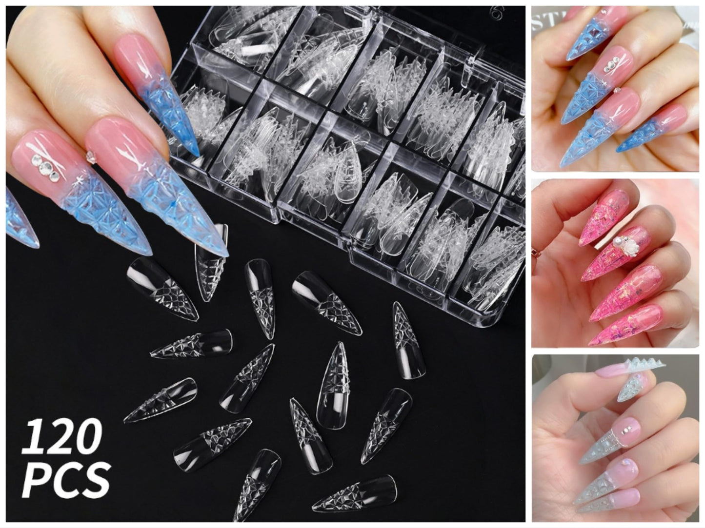 Chunmeng 120 Pcs Coffin Press on Nails, 12 Sizes Long French Tip Acrylic False Nails, Transparent Soft Gel Pre-shaped Full Cover Nail Tips, Reusable Fake Nail Stickers for Women DIY Manicure & Salon