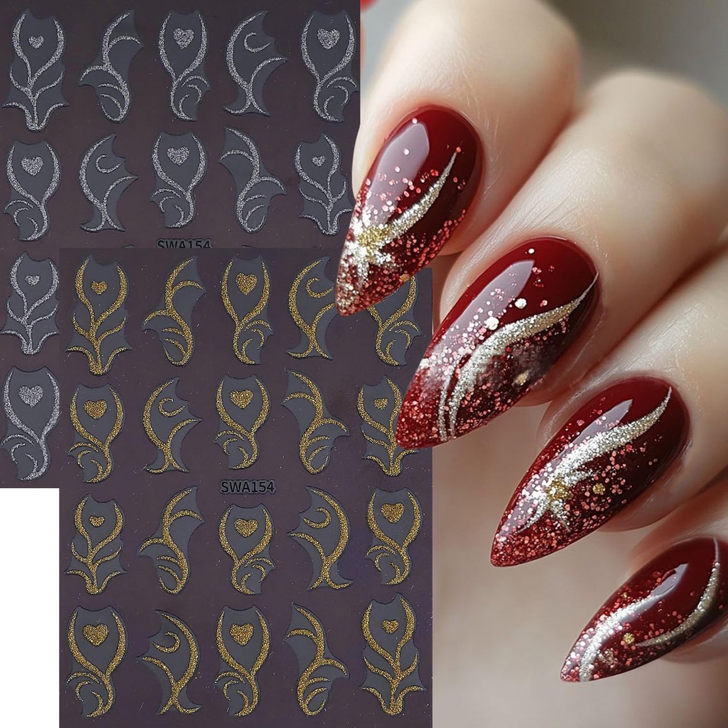 CJDLTS 6 Sheets French Lines Nail Art Stickers Gold $& Silver Glitter Love Nails Stickers 3D Self -Adhesive Love Heart Stripes Nail Decals Holographic French Nail Decoration for Women DIY Manicure
