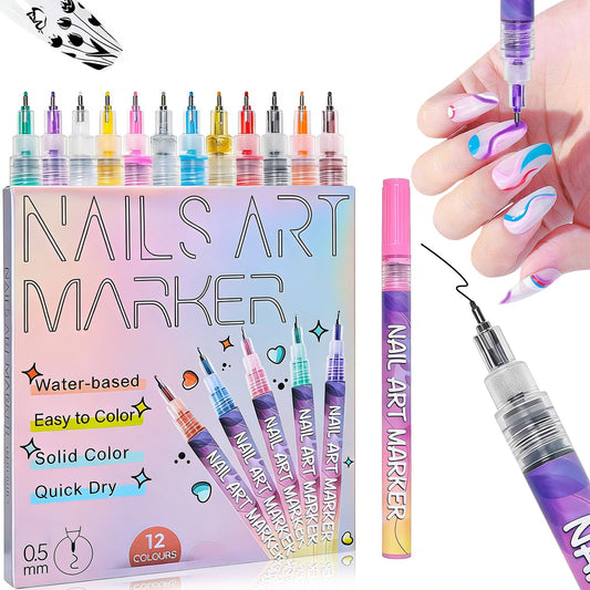 12 Colors Nail Art Pens Set, 0.5 MM 3D Nail Polish Pens Set, Nail Art Markers for Painting Nails, for Graffiti Dotting Drawing Painting Point Liner DIY (1 Set)
