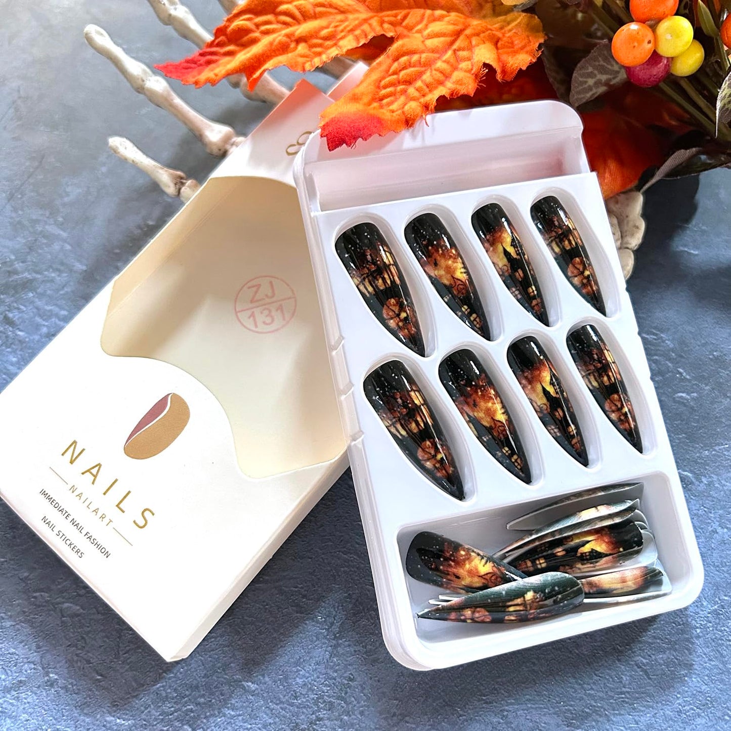 Almond Tip Halloween Press on Nails Long Length Flame Castle Pattern Design Halloween Nail Full Cover Glossy Artificial Acrylic False Nail Black French Tip Festival Stick on Nails for Women Supplies