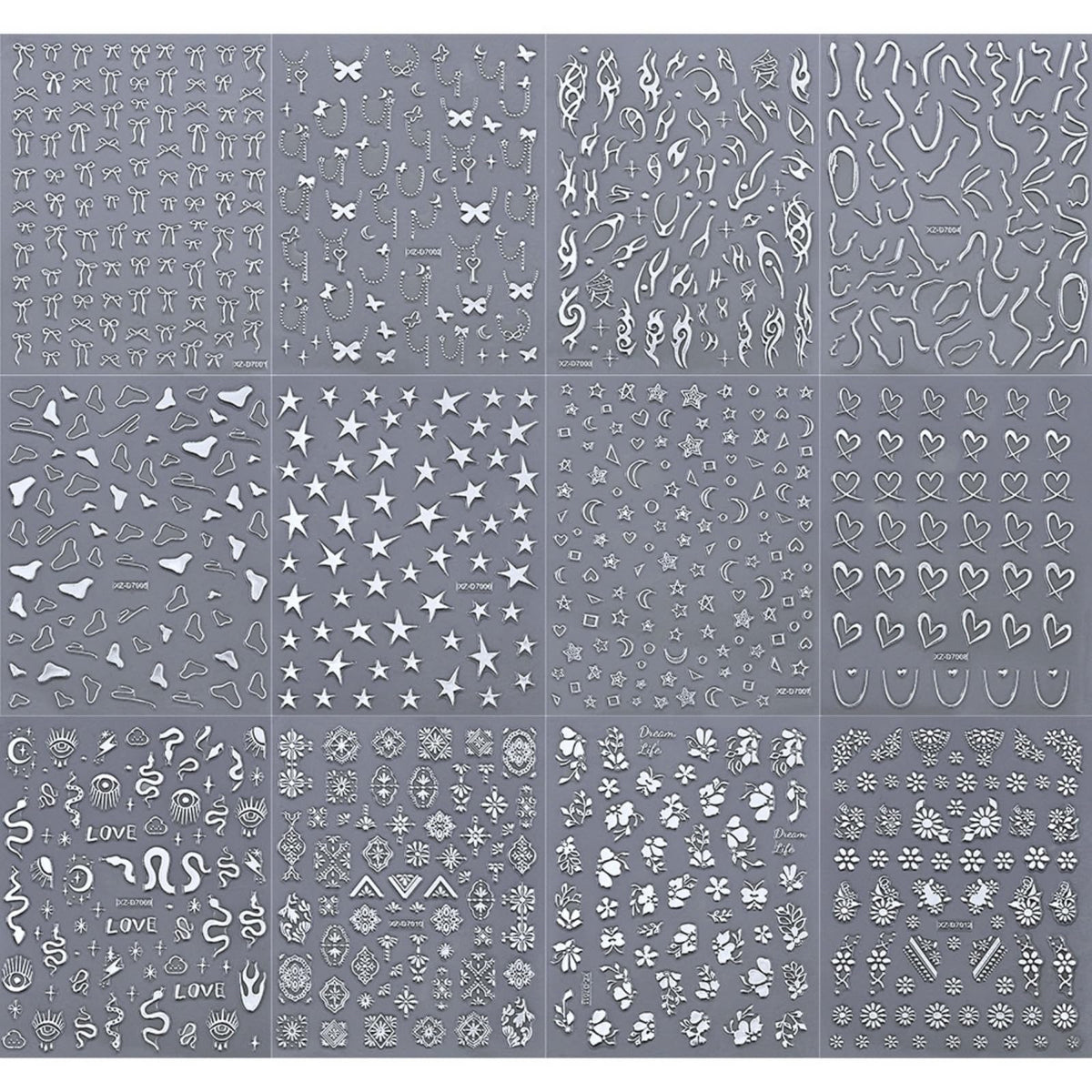 12 Sheets Silver Nail Art Stickers, 3D Self-Adhesive Bronzing Sun Moon Stars Bow Designs Nail Sticker Acrylic Manicure Decals Decorations Accessory for Women Girls