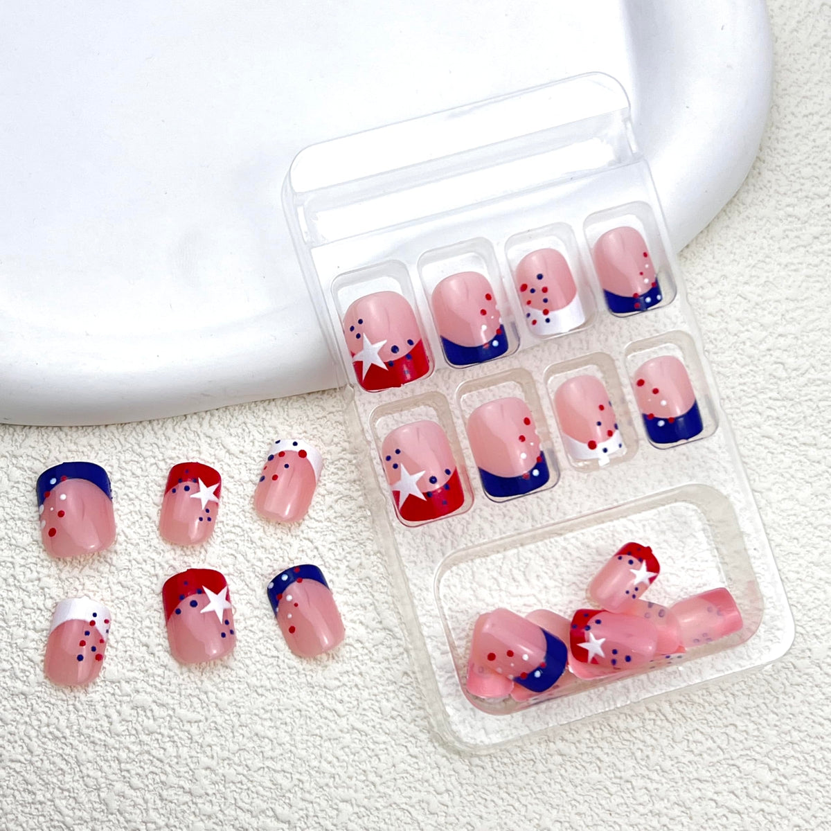 Independence Day French Tips Press on Nails Short Square Fake Nails Stars Polka Dot False Nails 4th of July Full Cover Glue on Nails for Women Girls Patriotic Manicure Decoration 24Pcs