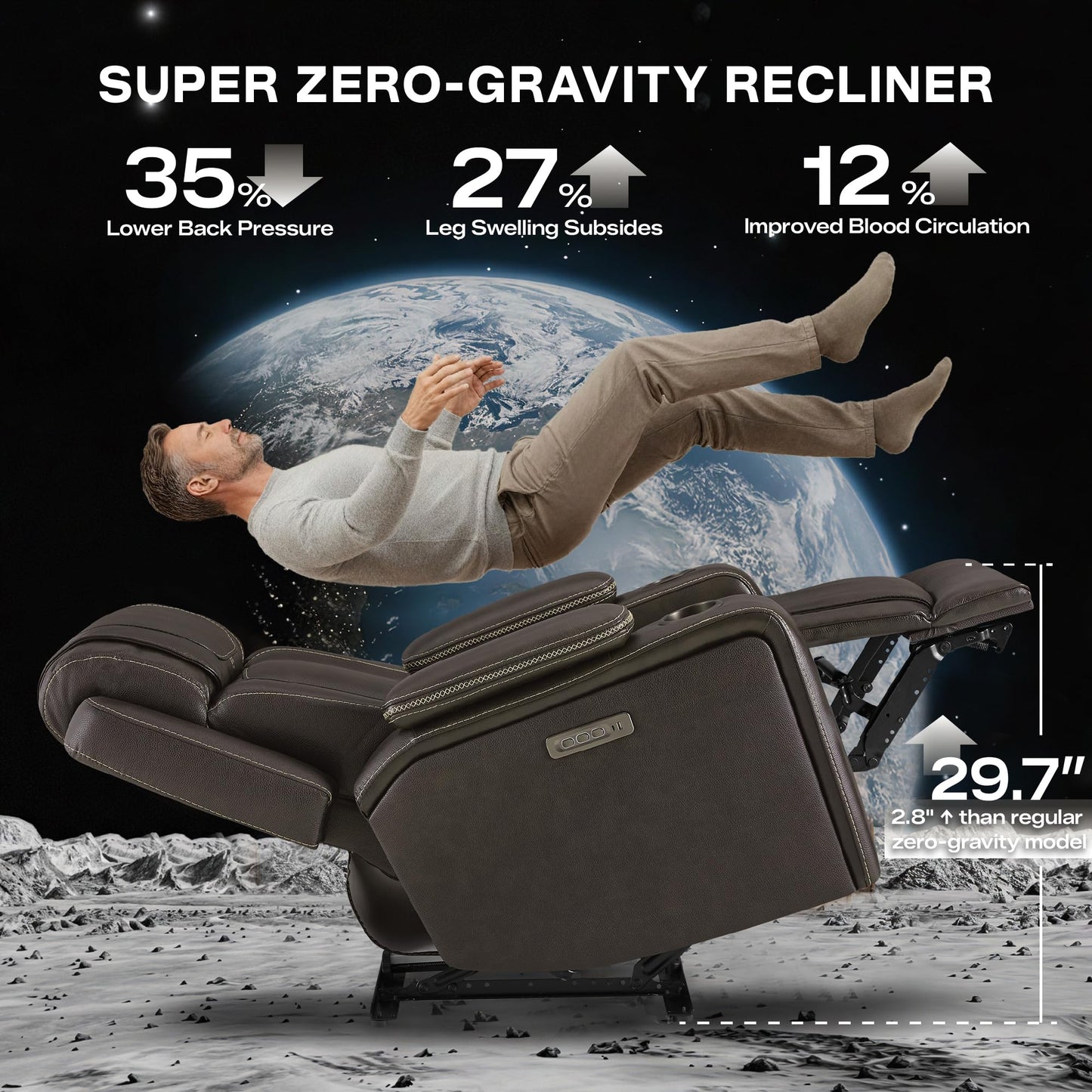Watson & Whitely Electric Recliner Chairs for Adults, Oversized Genuine Leather Recliner, Super Zero Gravity Reclining Chair W Triple-Motor Adjustable Headrest & Lumbar Support, Dark Brown