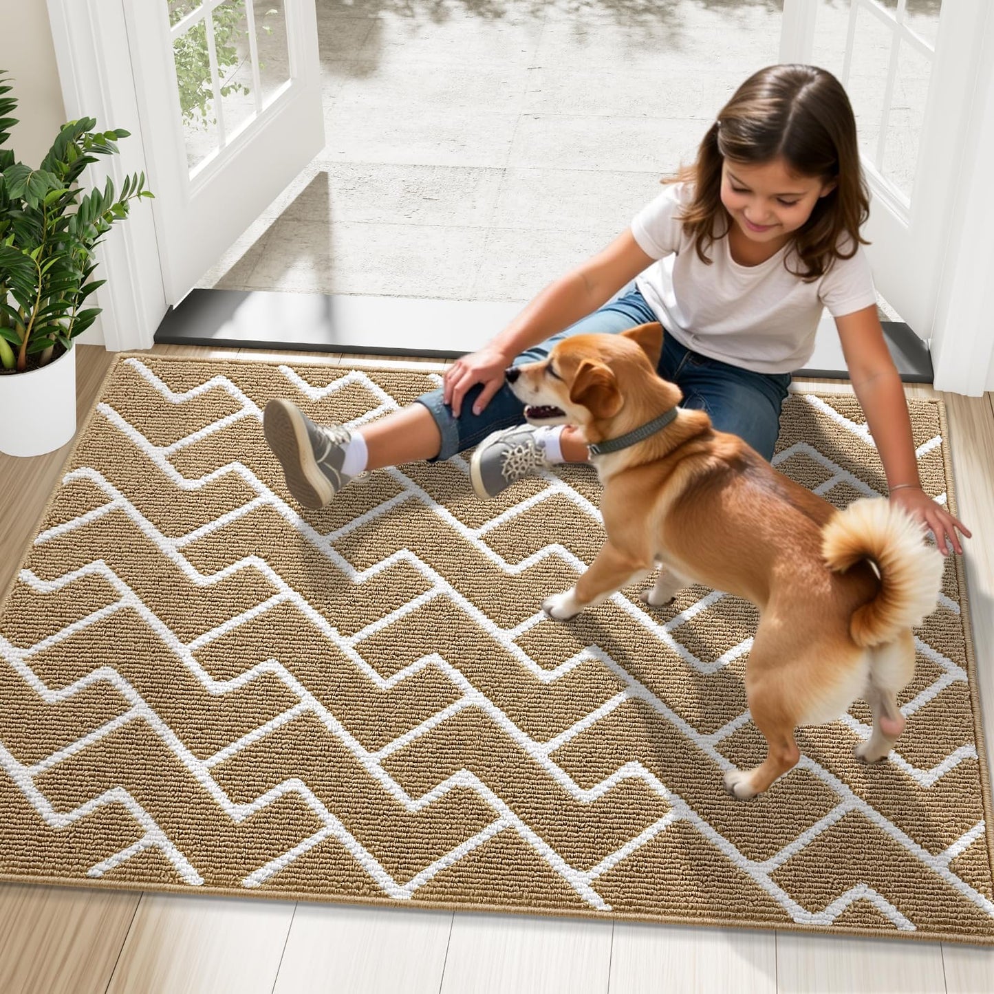 OLANLY Front Door Mat, Non-Slip Rubber Backing, Dirt Resistant and Absorbent, Washable, Easy to Clean Low-Profile Indoor Doormat for Back Door, Entryway, Inside Entrance, 32x20, Beige
