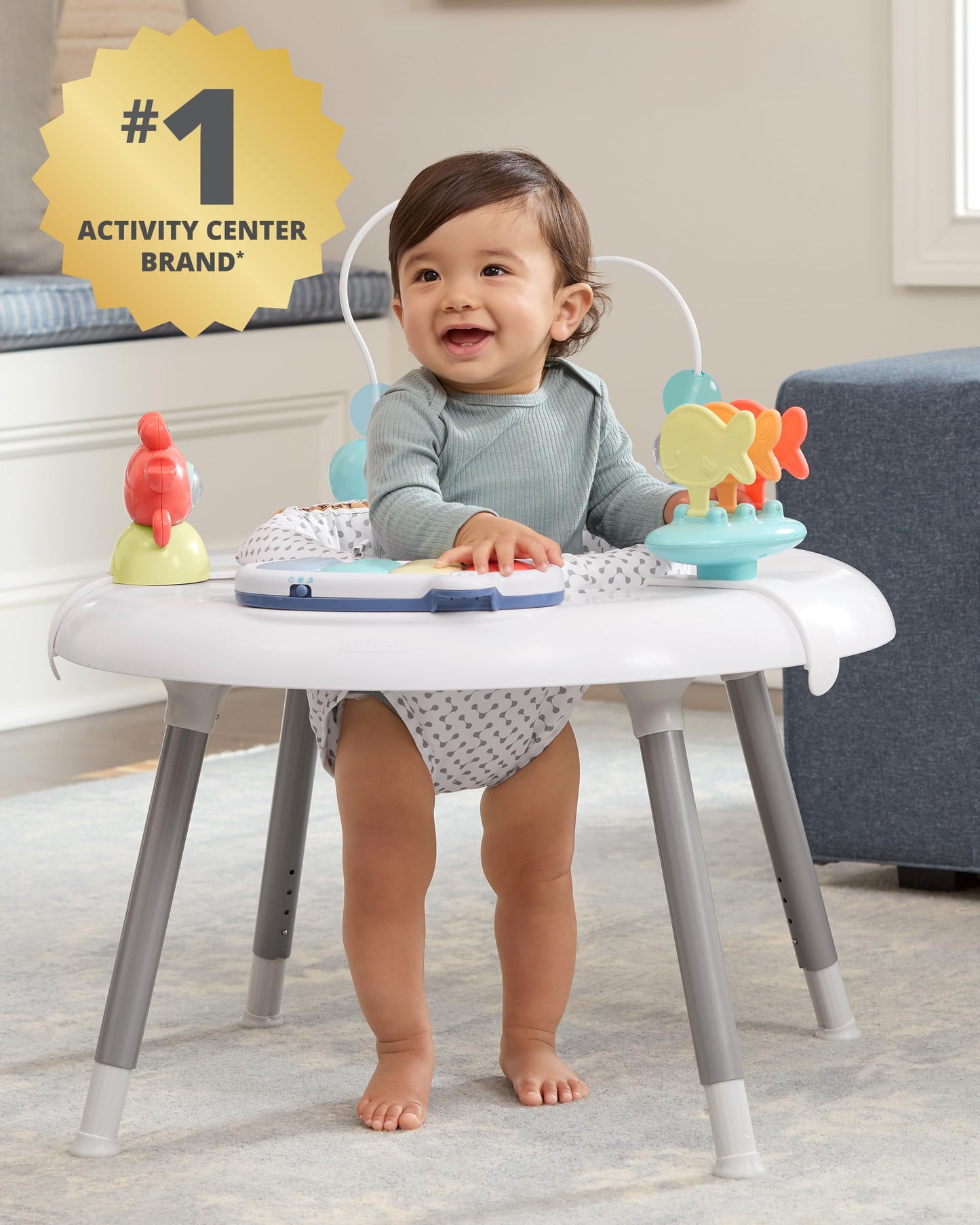 Skip Hop 2-in-1 Baby Activity Center with 20+ Developmental Activities Light-up Musical Piano for Tummy Time Play 4 Clip-on & Moveable Toys and 360-degree Rotating Seat Seascape Age 4m+