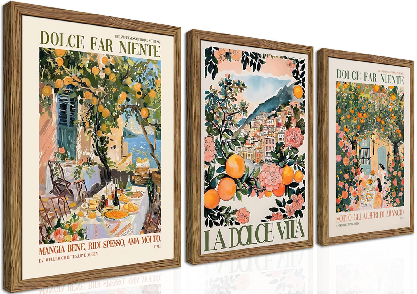Framed Italian Scenery Wall Art Set of 3, Amalfi Coast Kitchen Wall Art, Vintage City Landscape Canvas Print, Trendy Italian Food Pictures Artwork for Living Room Dining Room – 16x24 inch
