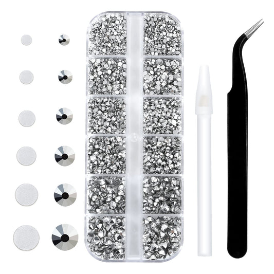 Meibite Silver Glass Flatback Rhinestones for Nails, Crafts & Clothes – 4240PCS 6 Sizes (SS6–SS20) Crystal Gems Kit with Tweezers & Picker, Non Hotfix DIY Rhinestones for Tumblers, Shoes, Nail Art