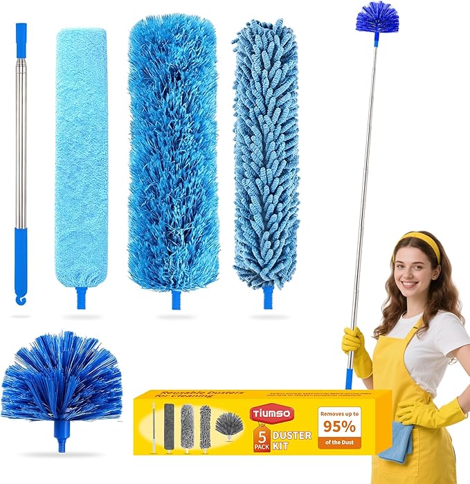 Tiumso 5-in-1 Microfiber Duster Kit with 100â Extension Pole â Reinforced Stainless Steel Telescopic Handle for High Ceiling Fans, Cobwebs & Vents â Multi-Head Dusters for Cleaning with Anti-Spin Pole