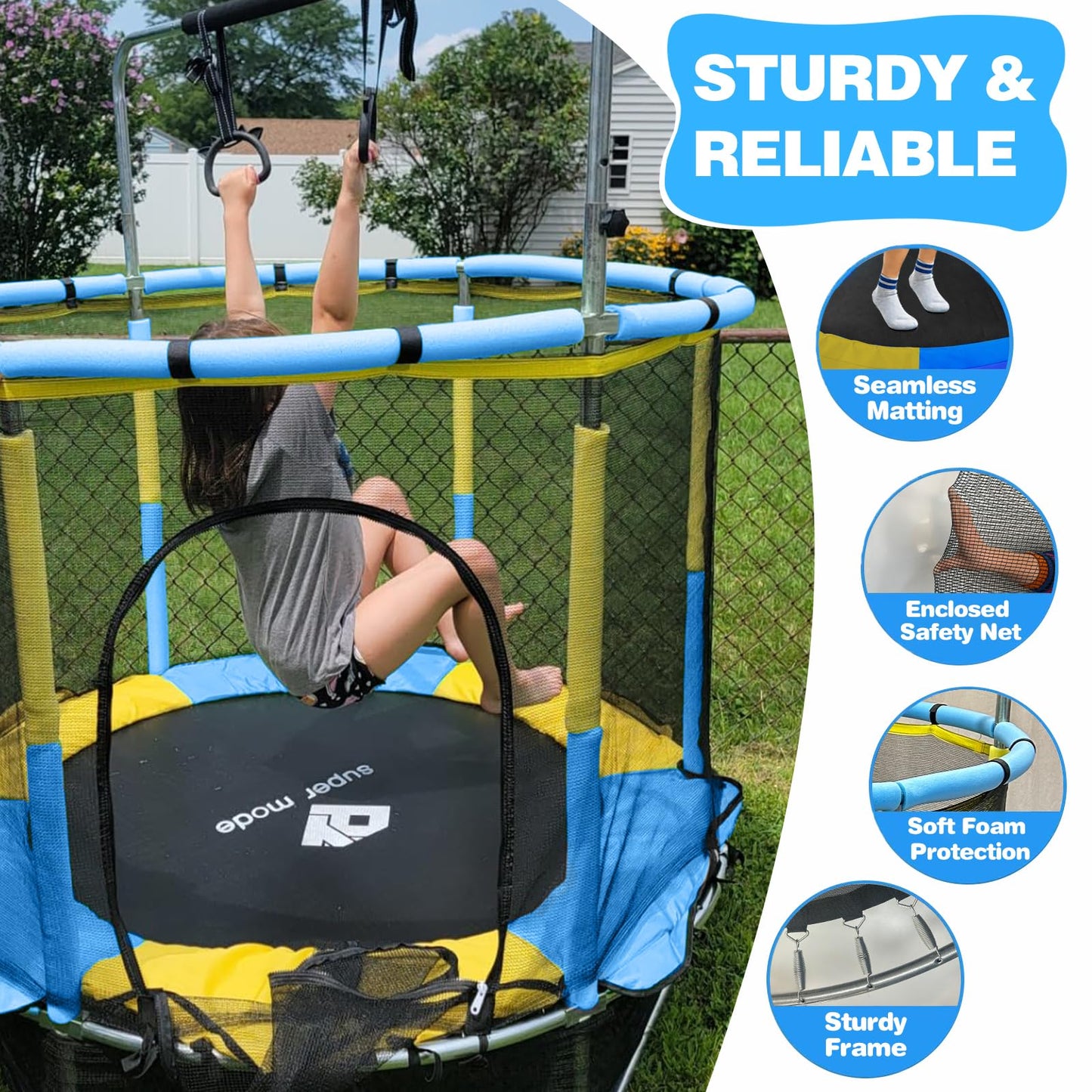 55" Indoor & Outdoor Trampoline for Kids with Enclosure, Toddler Trampoline with Adjustable Gymnastics Bar & Toys, No-Gap Safety Design (Yellow&Blue)