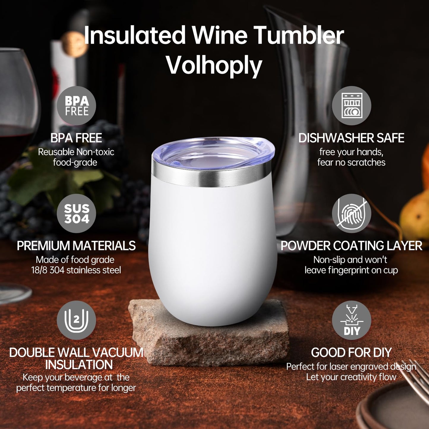 Volhoply 12oz Stainless Steel Wine Tumbler with Lid Bulk 24 Pack,Double Wall Vacuum Stemless Wine Glasses,Reusable Metal Travel Coffee Mug with Straw,Insulated Cups Gifts for Christmas（White,24 Set）
