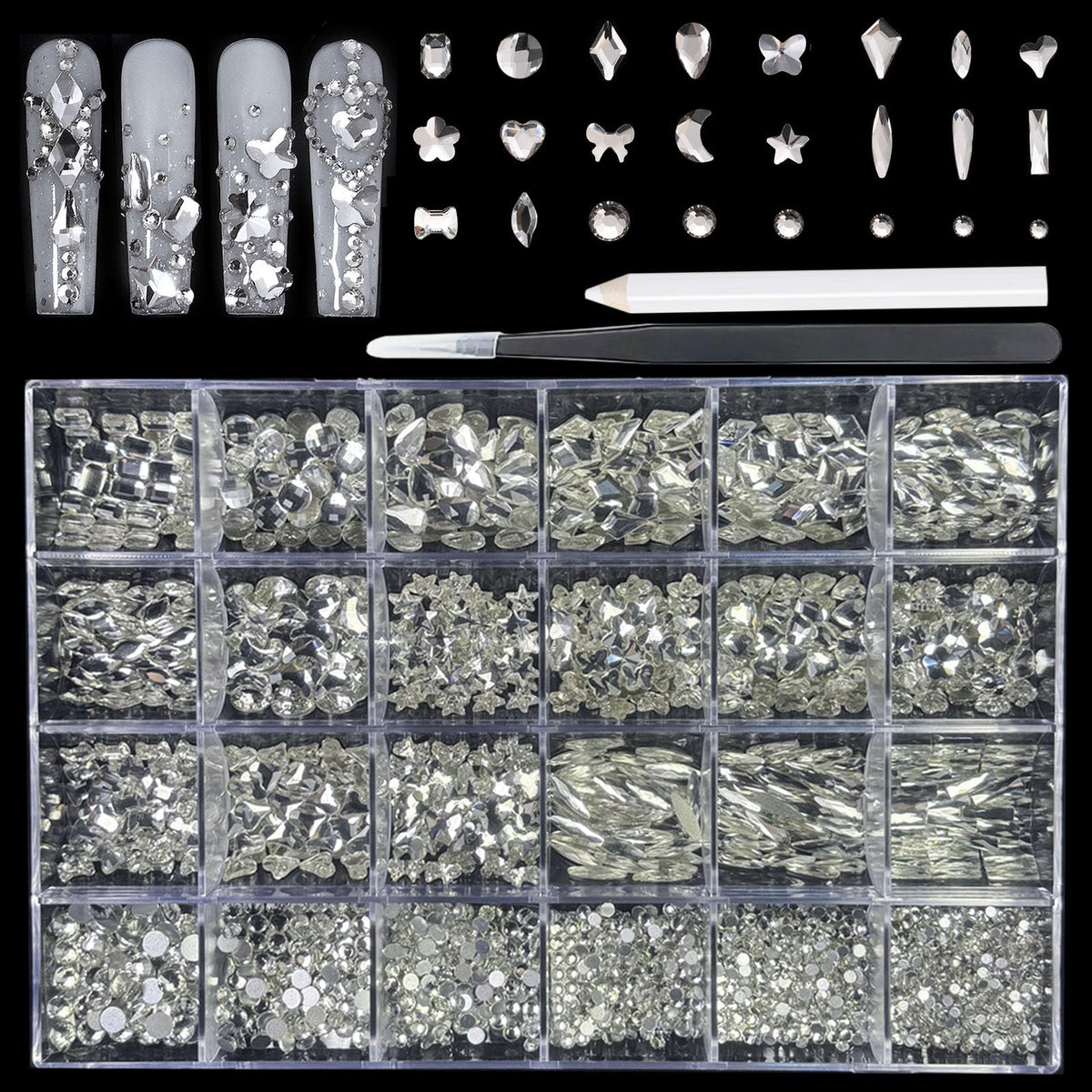18 Types of 900 Special-Shaped Clear Nail Diamonds + 3200 Flat-Bottomed Nail Rhinestones, Nail Crystal Rhinestones Set with Tweezer + Pickup Pen