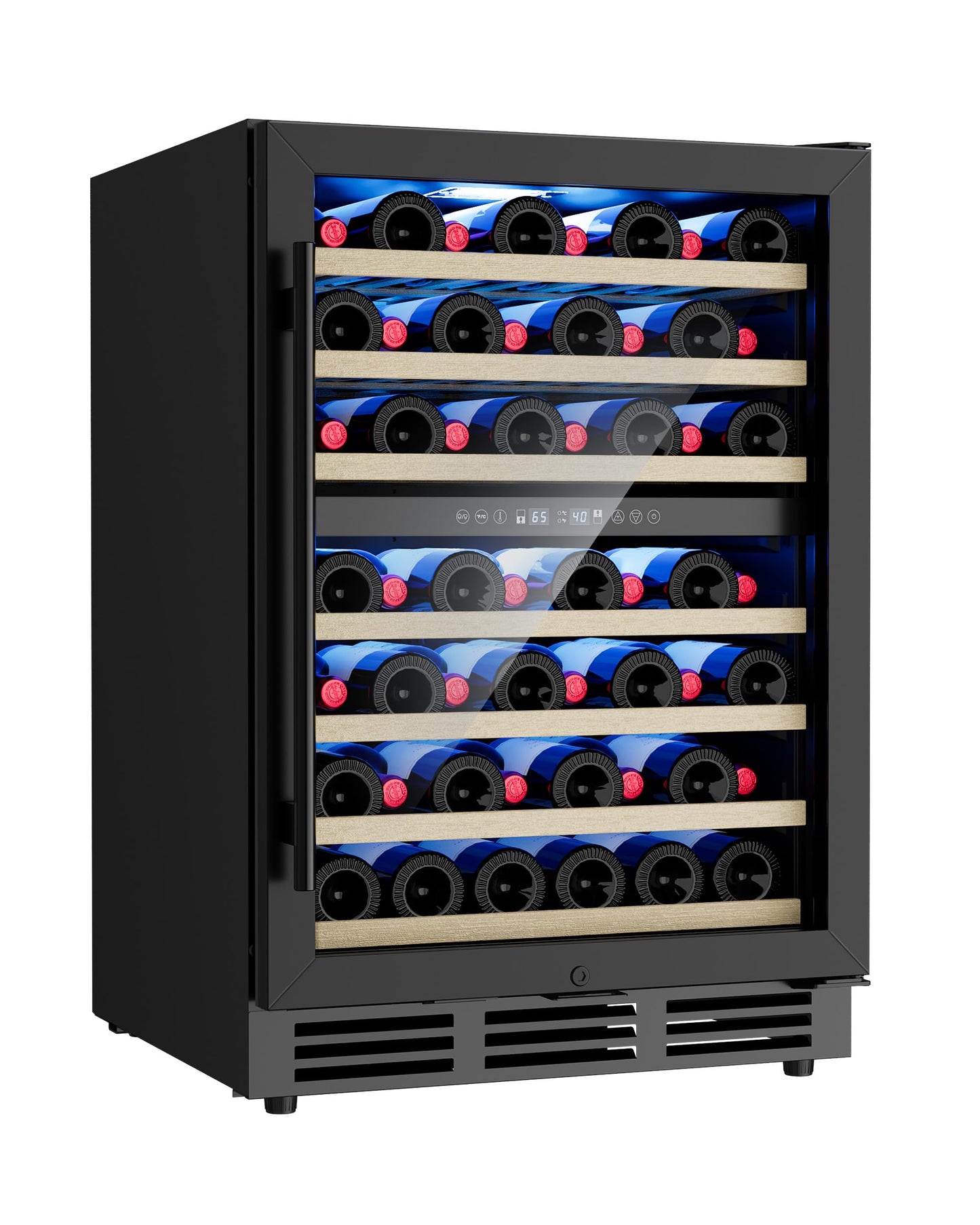 24 Inch Dual Zone Wine Fridge, 55-Bottle Wine Fridge Under Counter with Glass Door for Built-In or Freestanding, Wine Cooler Refrigerator with Removable Wooden Shelves, for Home/Bar/Office (Black)
