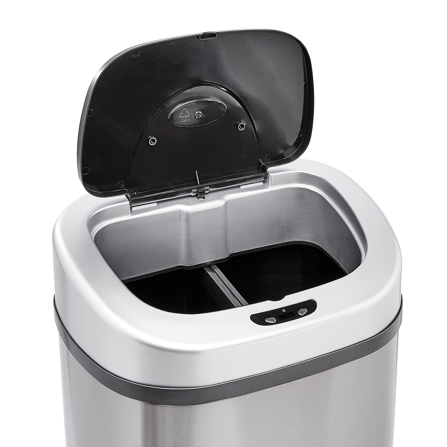 Amazon Basics Automatic Dual Compartment Trash Can with Lid, Hands-Free, Fingerprint Resistant, Odor Control, Stainless Steel, D-Shaped, 80 l, 2 Bins